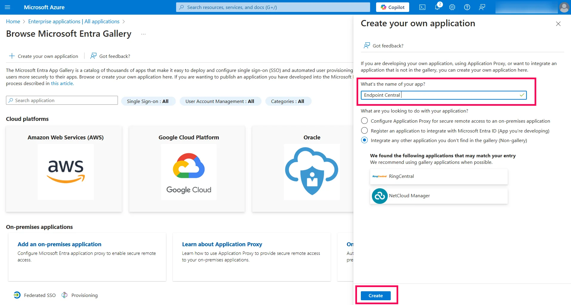 SAML Authentication settings for Azure Azure Provide an appropriate app name and click