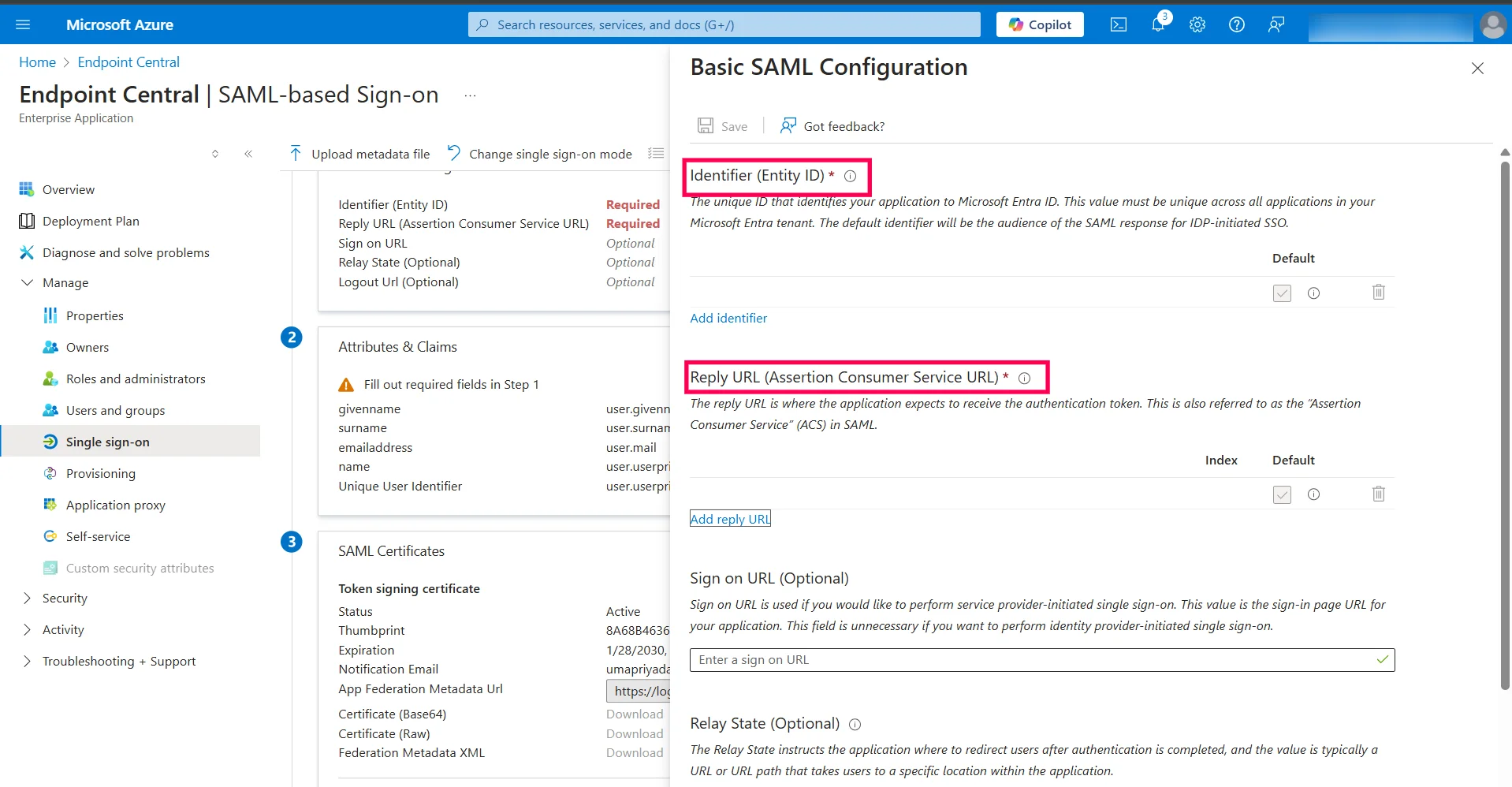SAML Authentication settings for Azure Azure Assertion Consumer Service URL, Sign on URL
