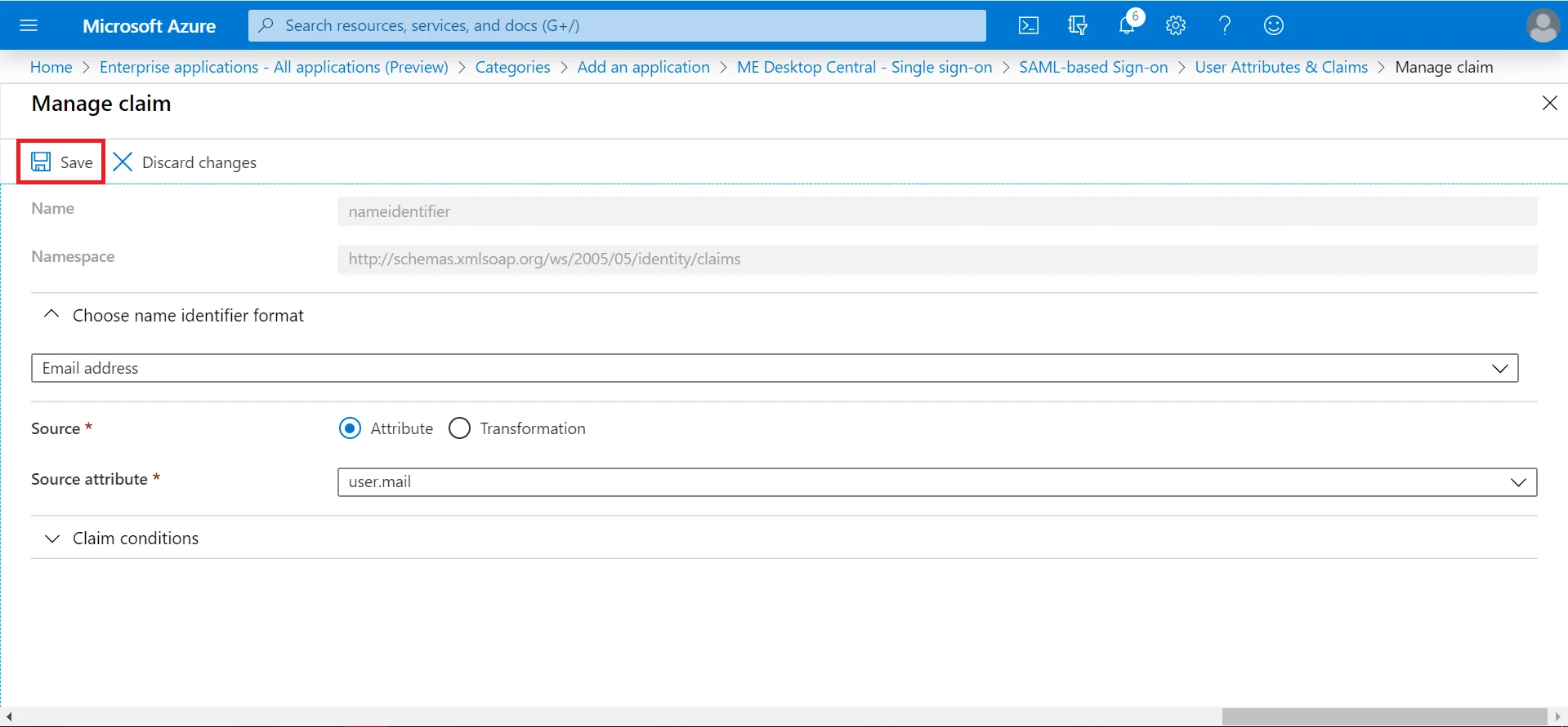 SAML Authentication settings for Azure Azure click save