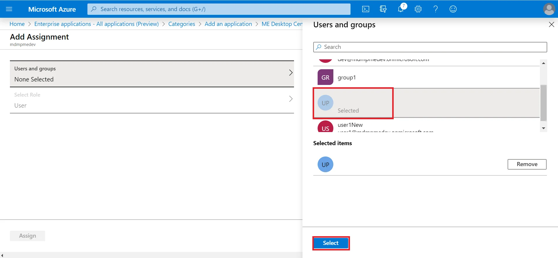 SAML Authentication settings for Azure Azure Select User