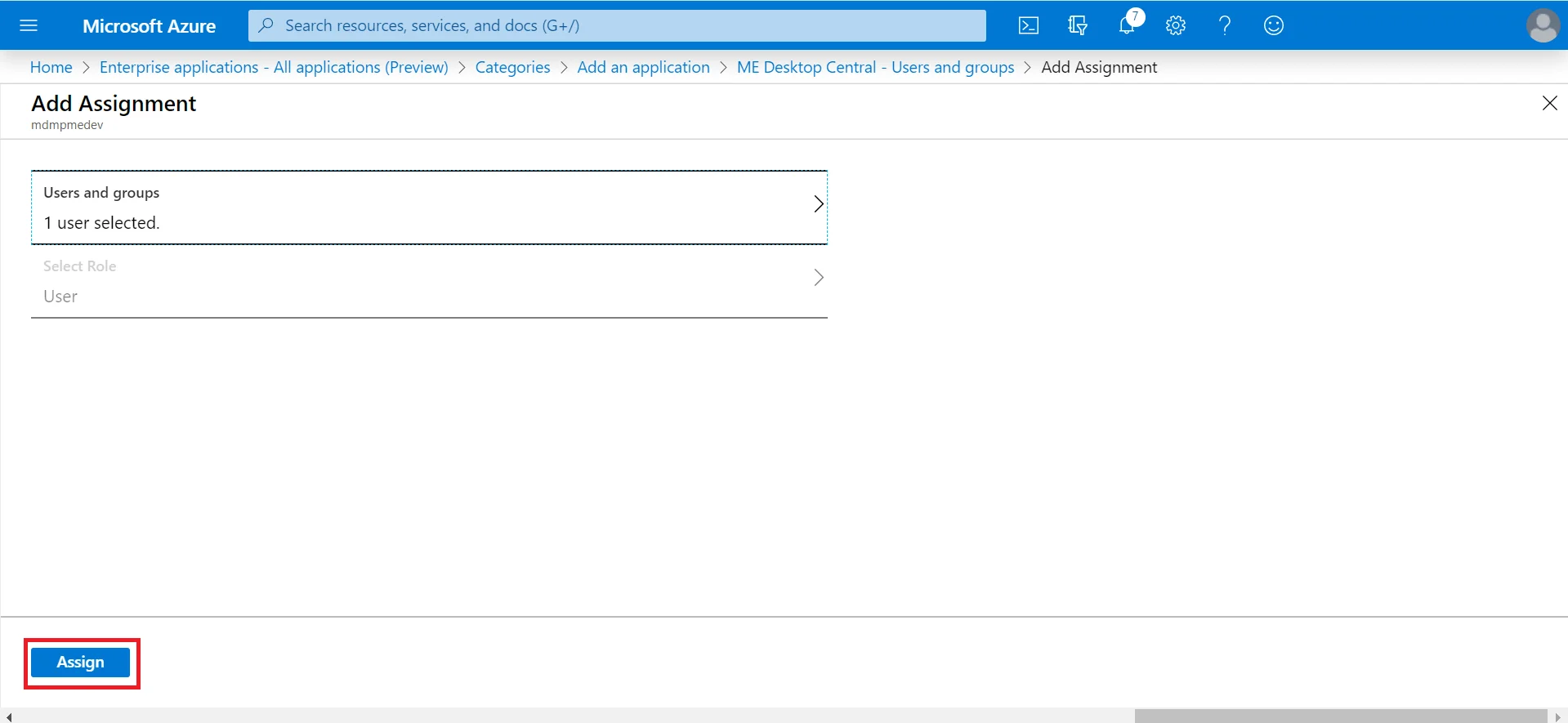 SAML Authentication settings for Azure Azure click Assign