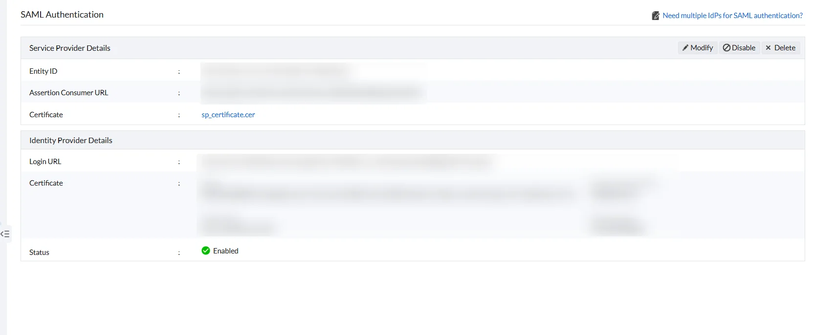 SAML Authentication settings for Azure SAML Authentication Detail page in central server