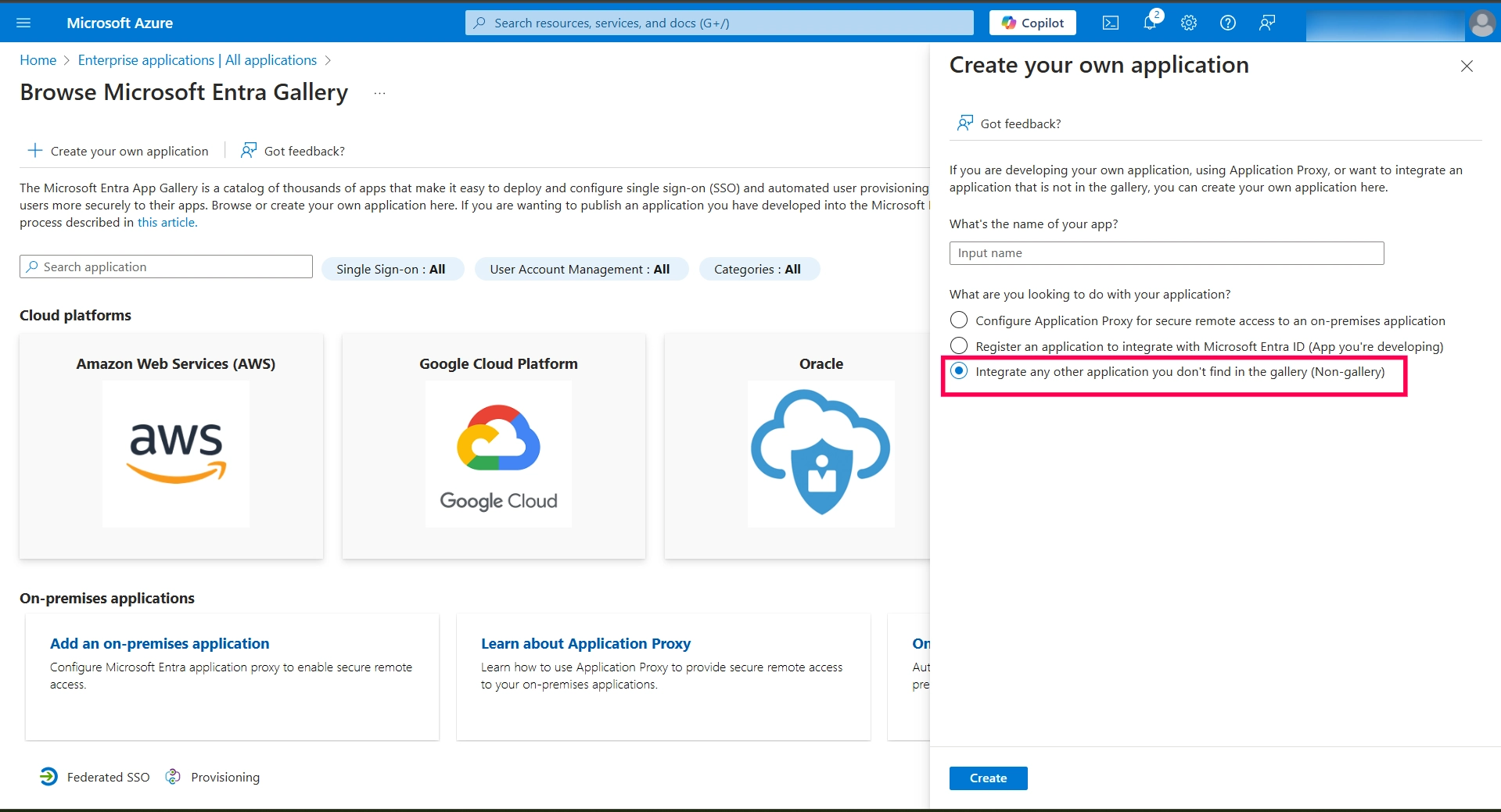 SAML Authentication settings for Azure Azure select Non-gallery application