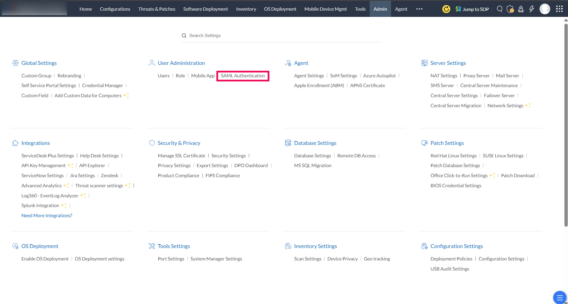 SAML Authentication settings for Azure Login to your central server console, switch to the Admin tab,