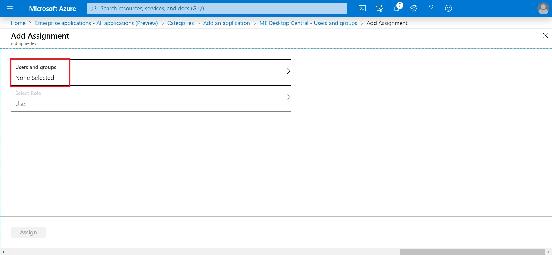 SAML Authentication settings for Azure Azure click None Selected