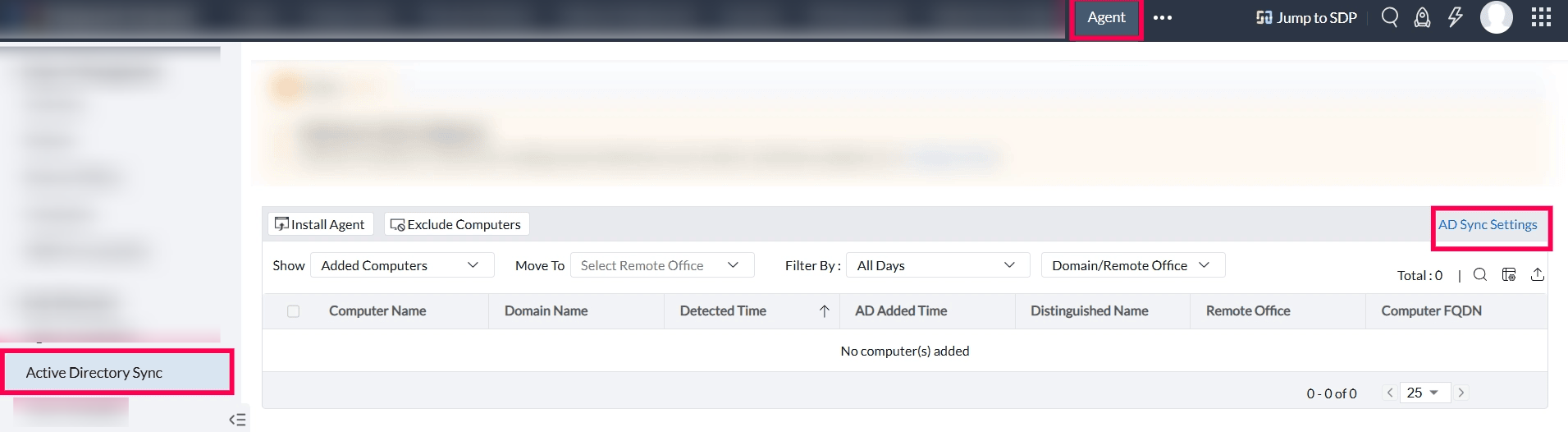 Navigate to Agent > SoM Policy > AD Sync Settings. This will open Active Directory Sync view.