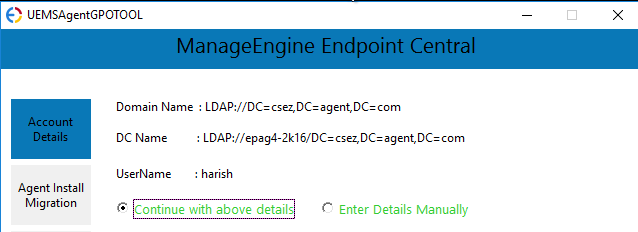 Continue with account details GPO tool showing auto-fetched account details with 'Continue with above details' selected