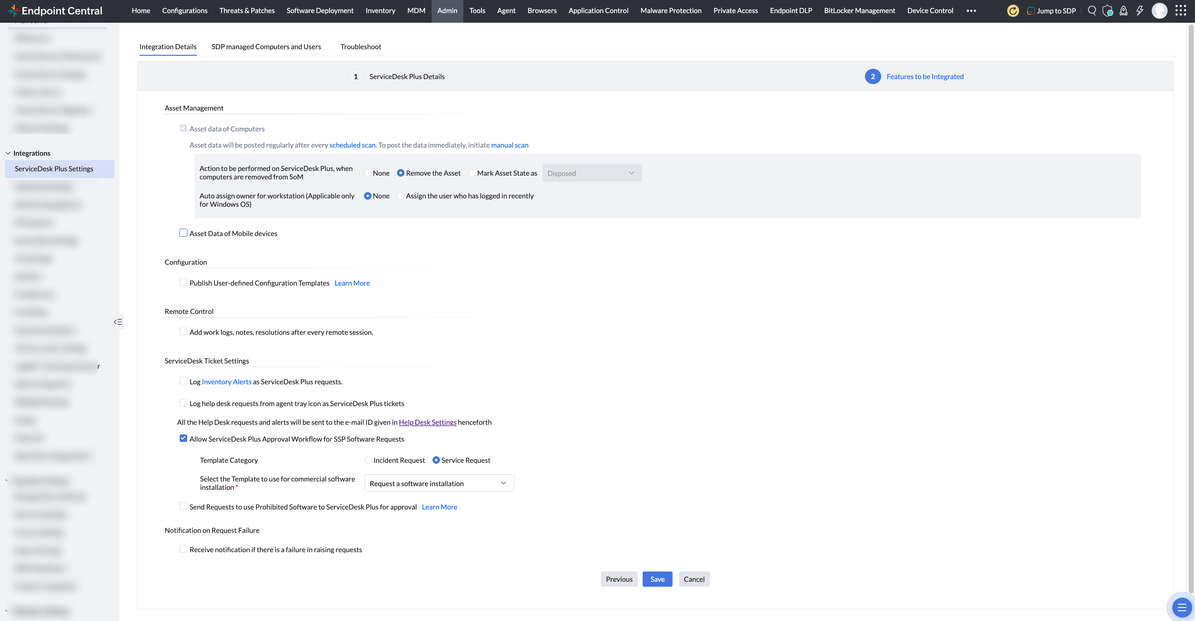 Enable the features you would like to integrate and click Save.