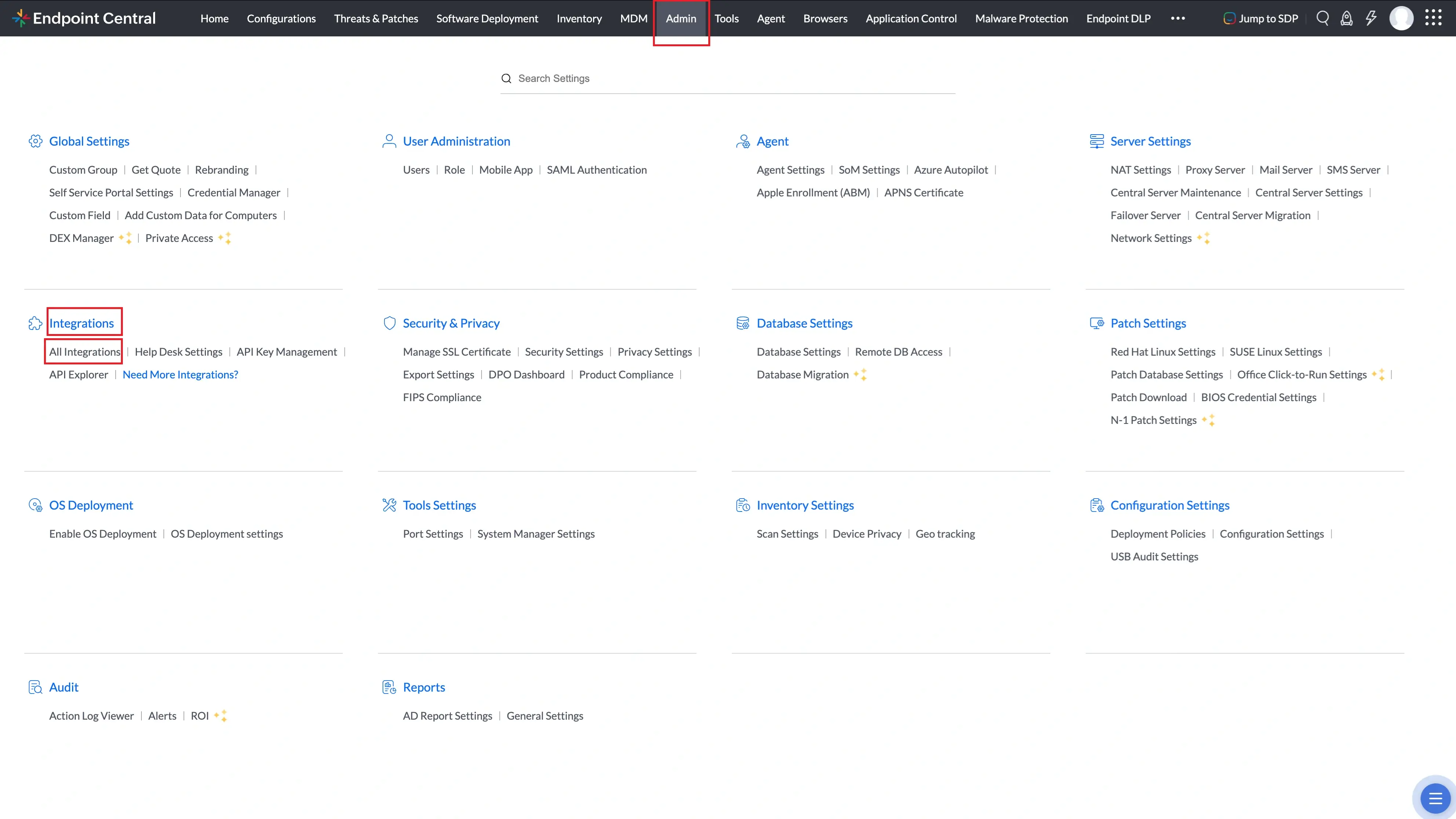 From Endpoint Central console, navigate to Admin tab → ServiceDesk Plus Settings