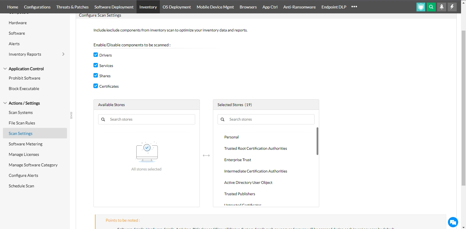 Asset Scant Settings console view in Endpoint Central