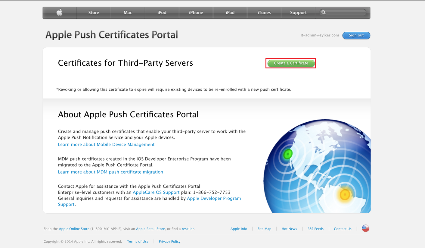 Selecting Create a Certificate on the Apple Push Certificates Portal
