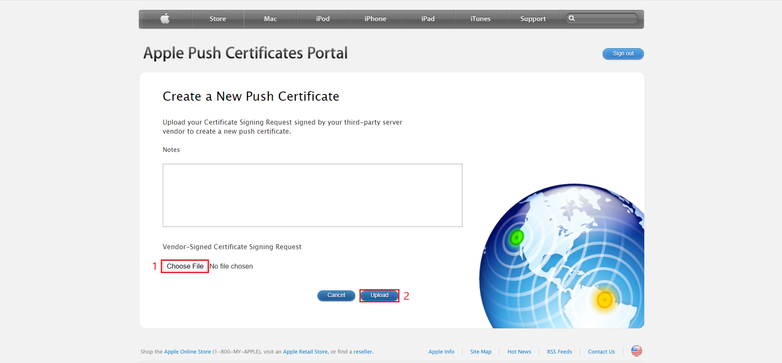 Uploading the signed CSR on the Apple Push Certificates Portal