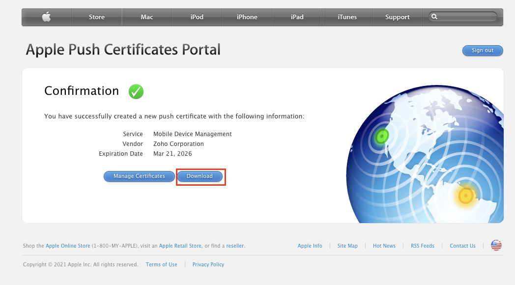 Downloading the new Apple-signed APNs certificate from the portal