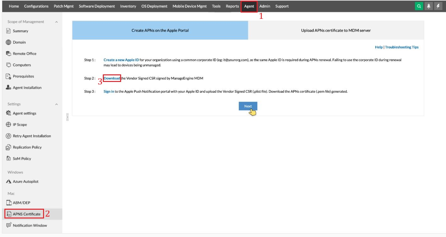 Downloading the vendor-signed CSR from Agent > APNs certificate under Mac