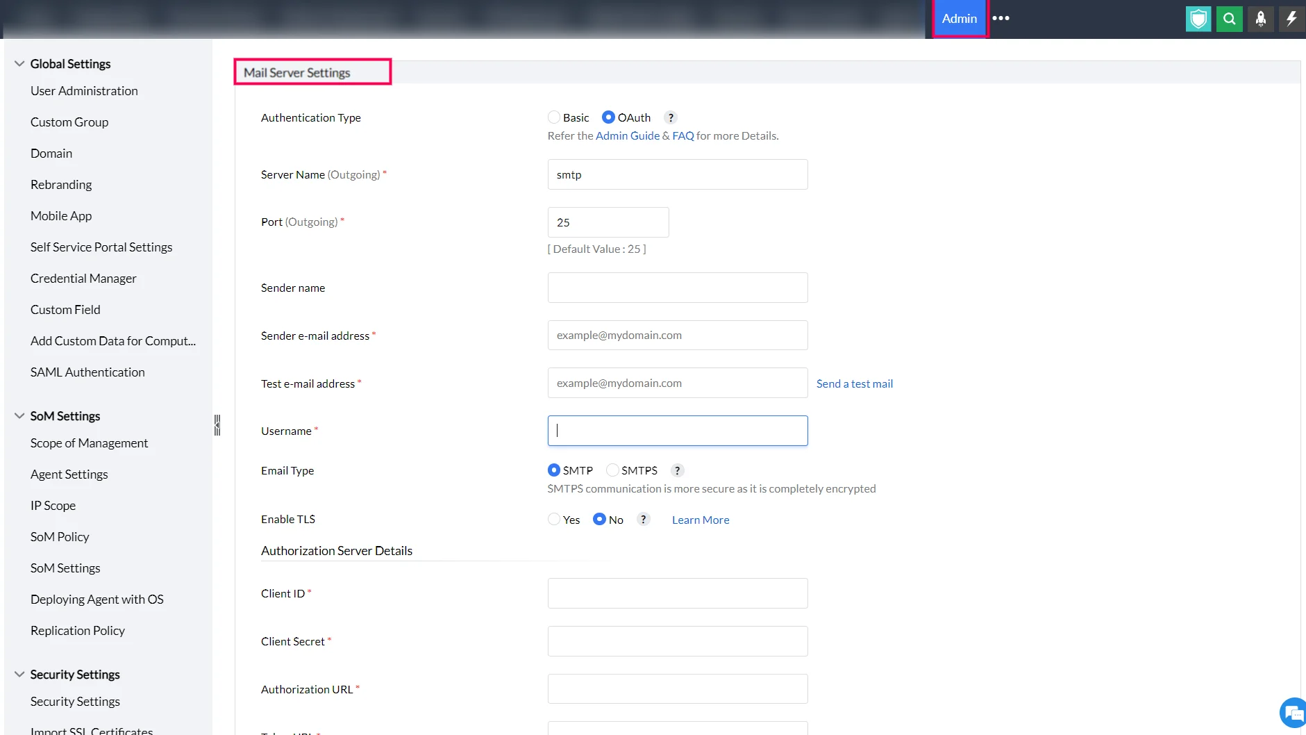 Mail Server Settings in Central Server