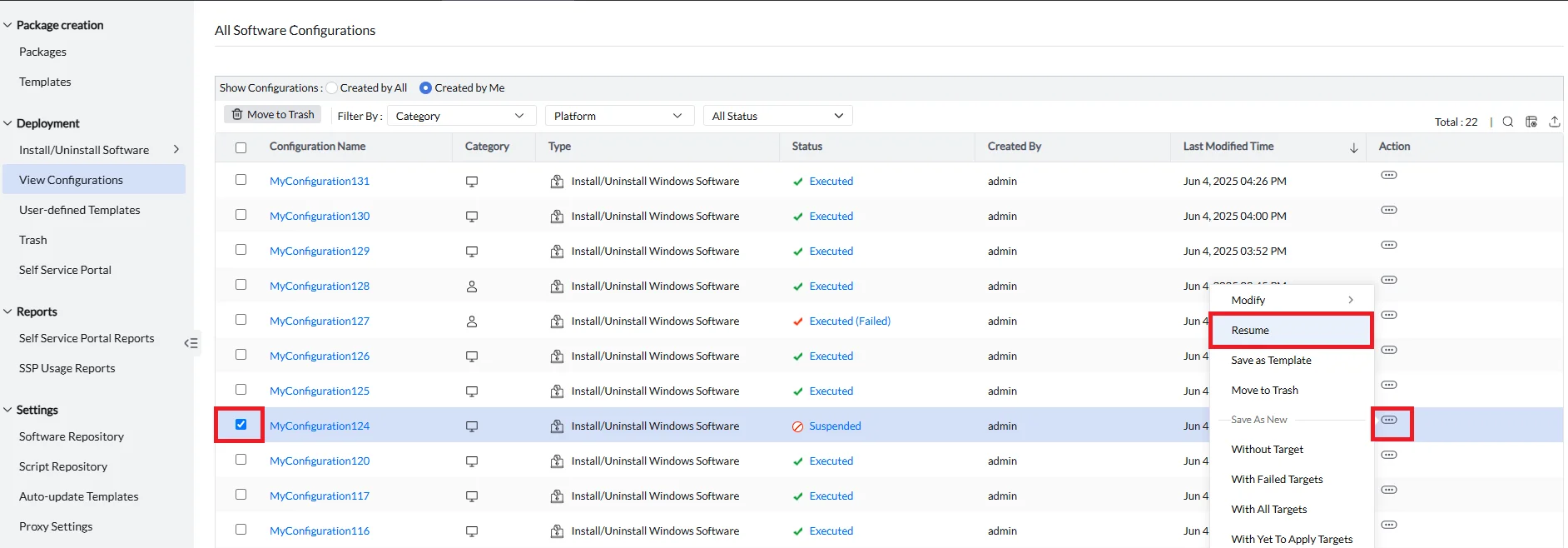 Resume the configuration Resume the configuration