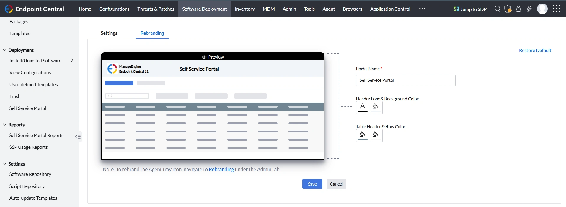 Self Service Portal Rebranding UI in Endpoint Central Product Console