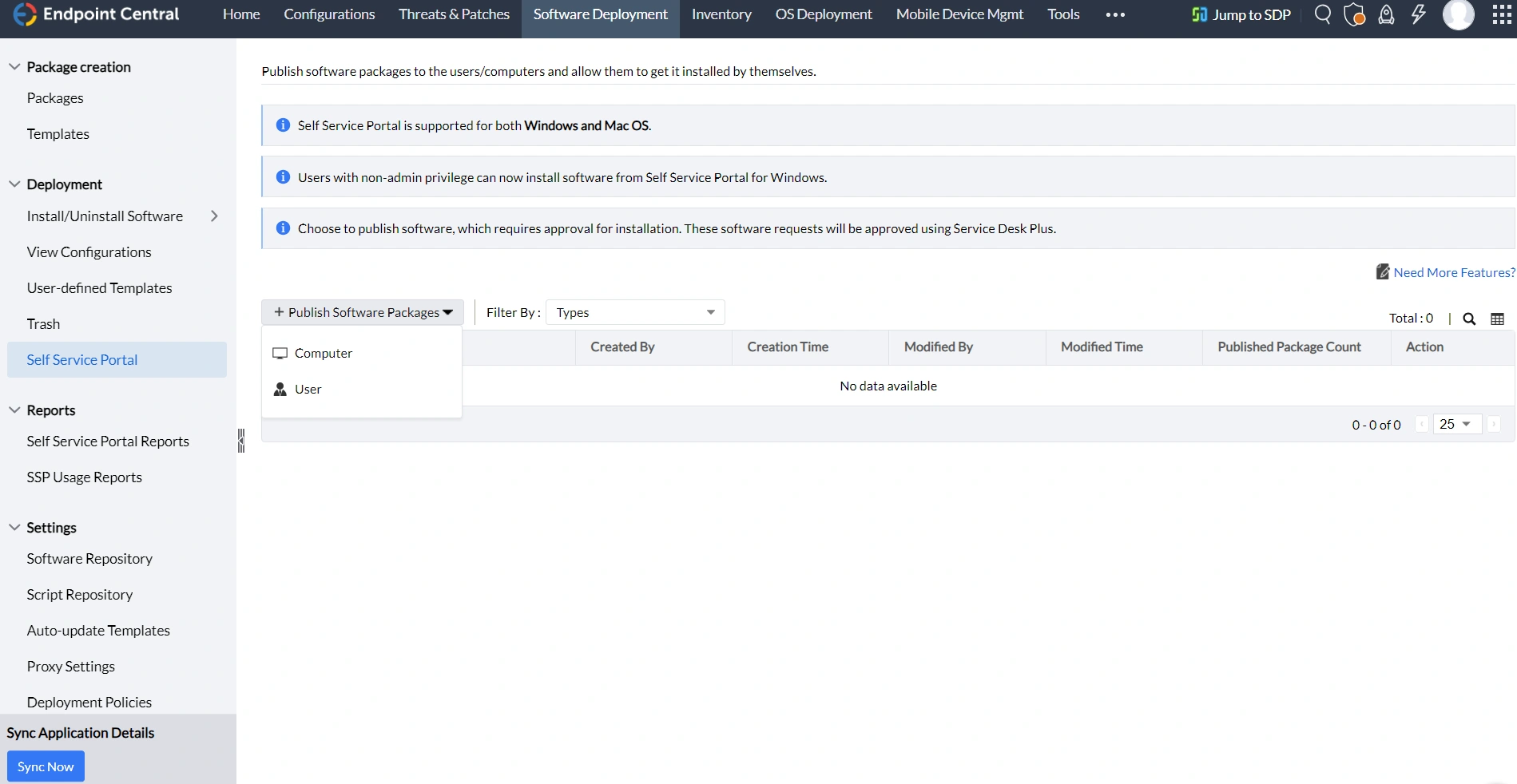 Publishing software to Self Service Portal