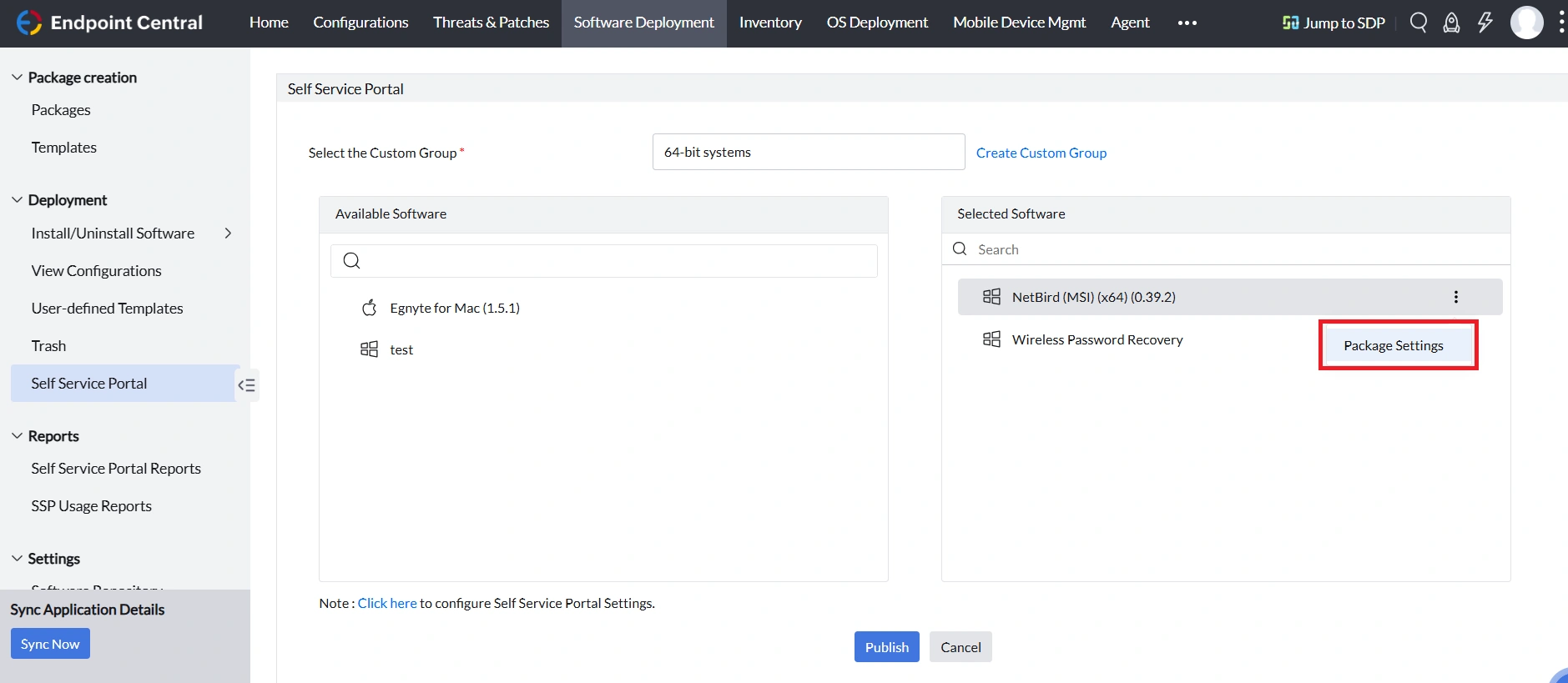 Configuring package settings for the published package in Self Service Portal
