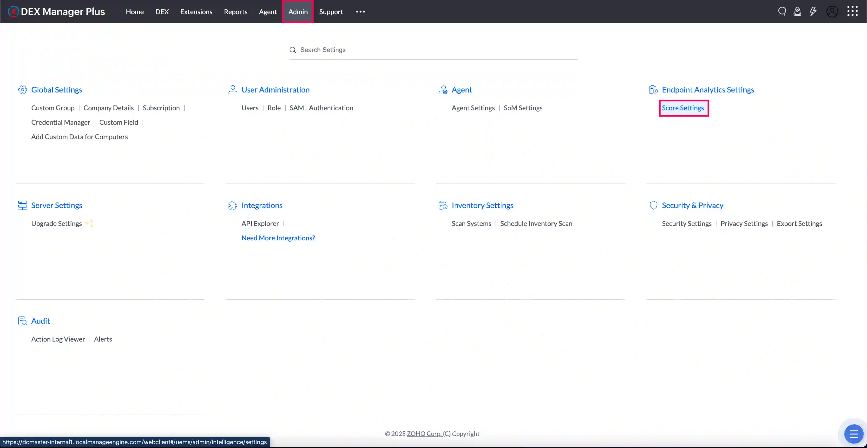 Accessing Score Settings in DEX Manager Plus Score Settings option under DEX Configuration in the Admin console