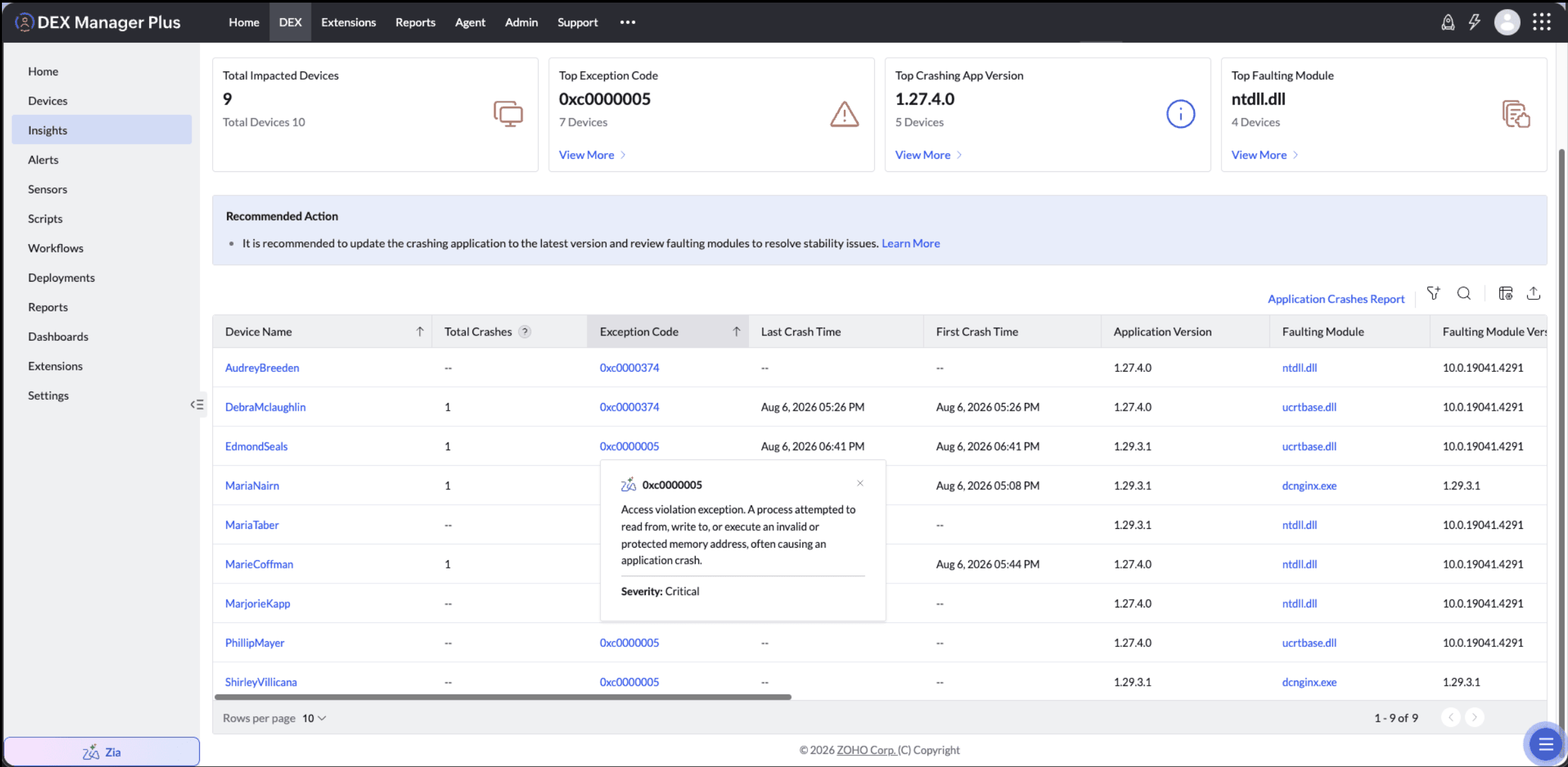 DEX Diagnostics explaining an application crash exception code in the affected-device table DEX Diagnostics pop-up explaining exception code 0xc0000005 with its meaning and critical severity in the Application Crashes insight