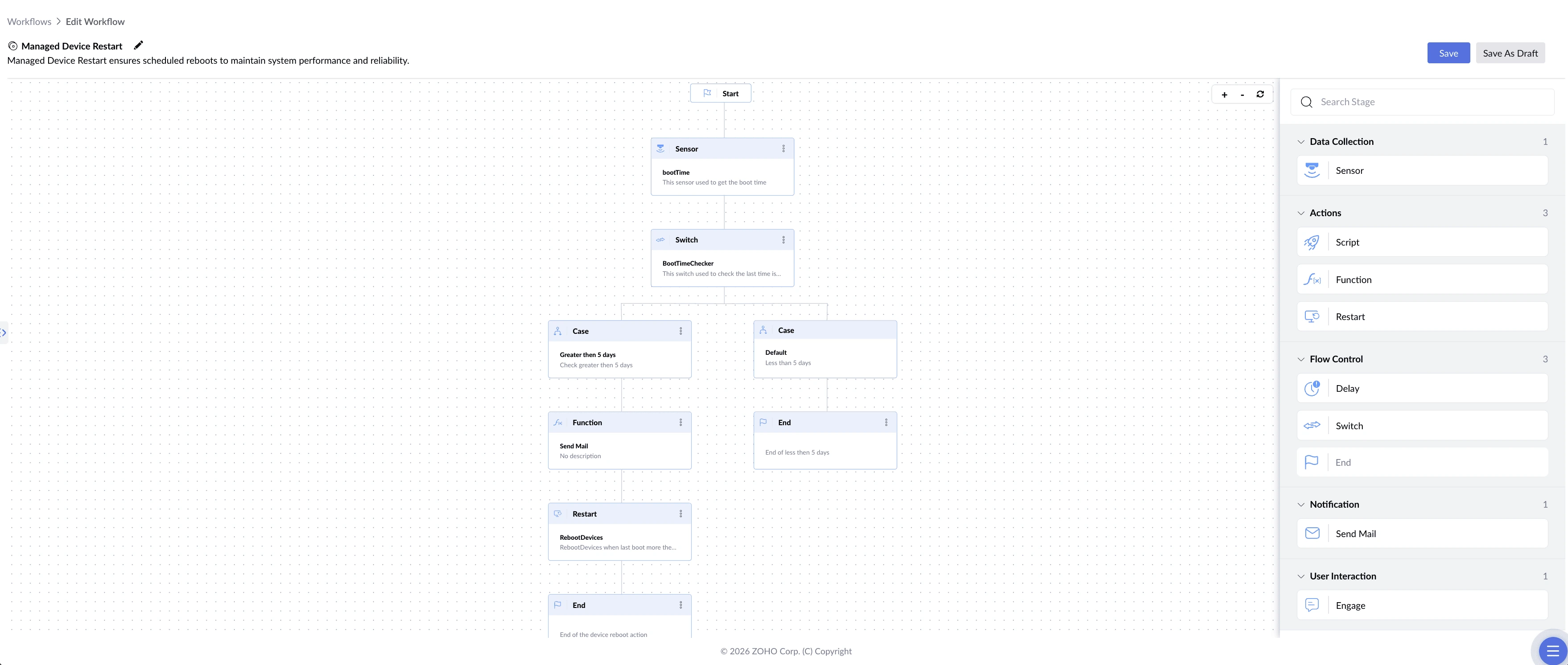 Managed device restart workflow showing the Function stage Managed device restart workflow showing the Function stage.