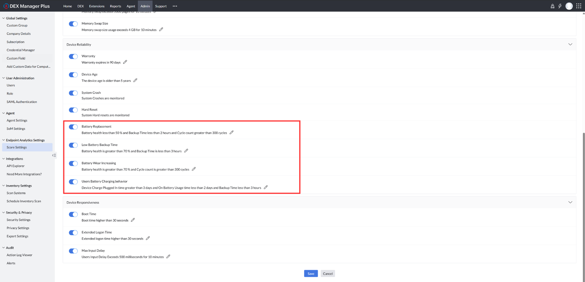 Battery health alert threshold configuration