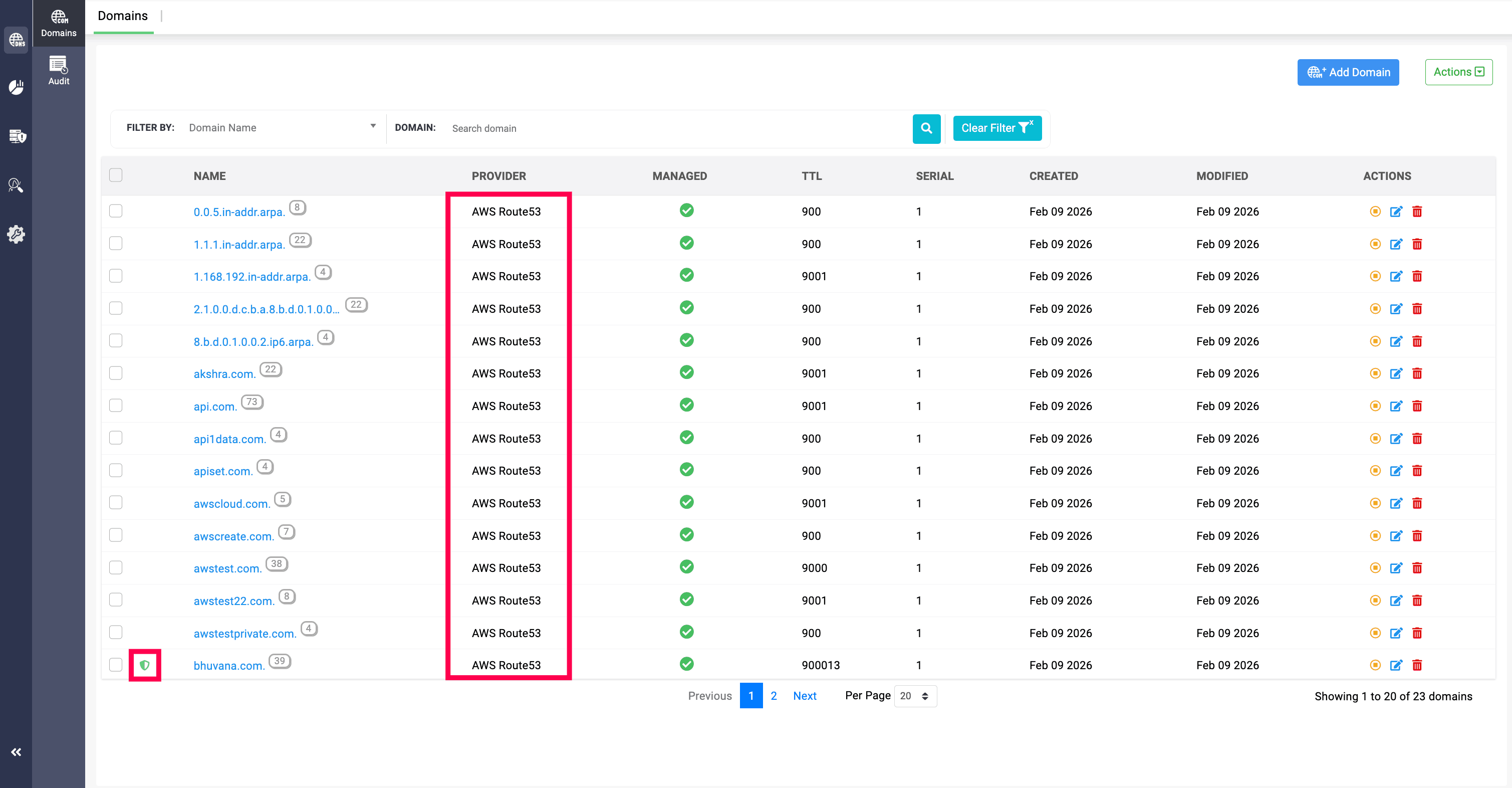 Domains List - DDI Central Console