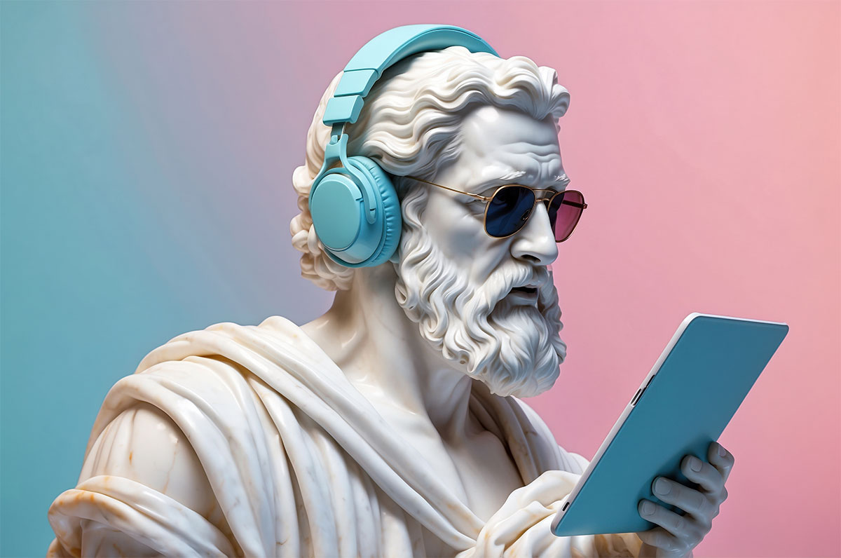 An ancient statue wearing headphones and sunglasses using a tablet computer