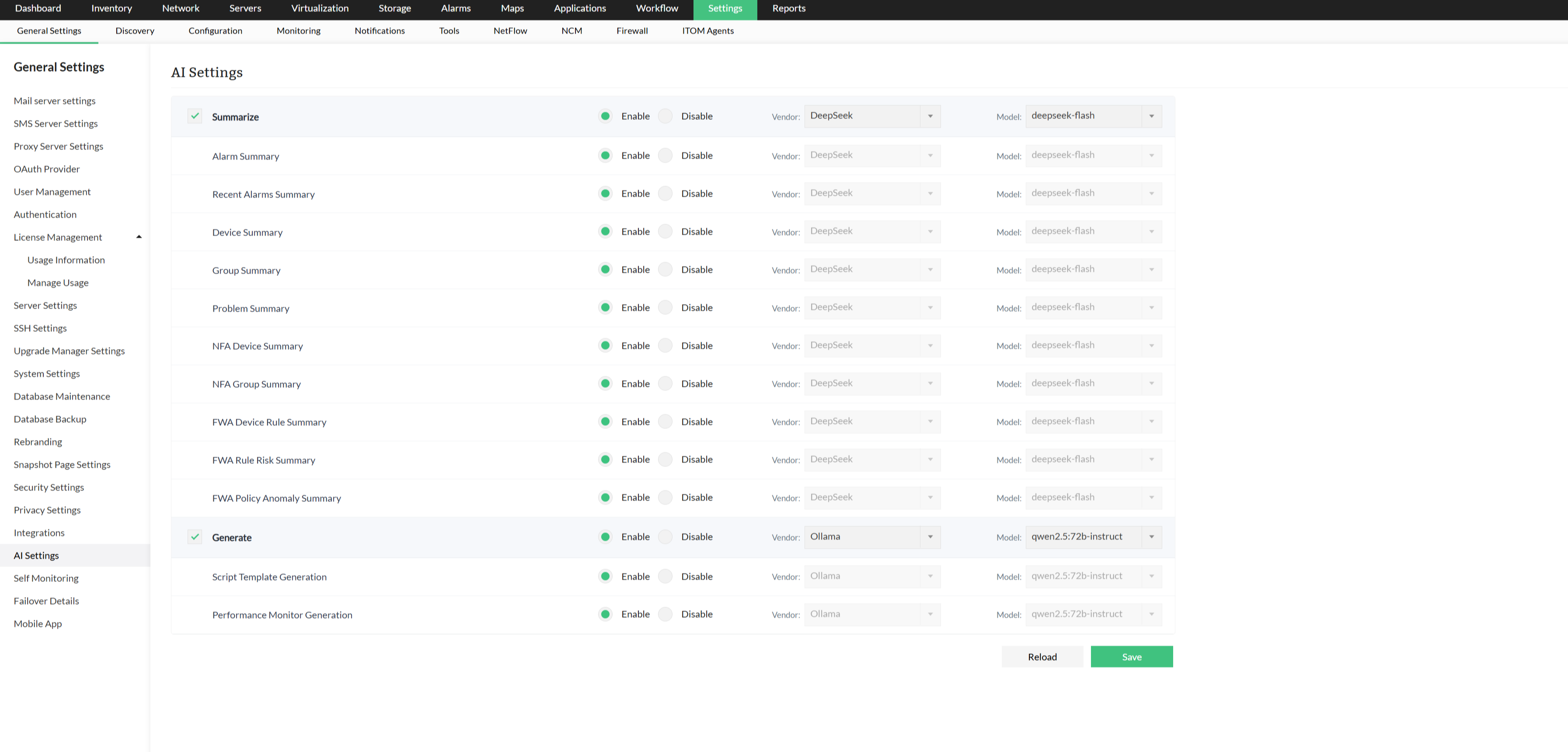 Apply to All Features | AI Settings OpManager