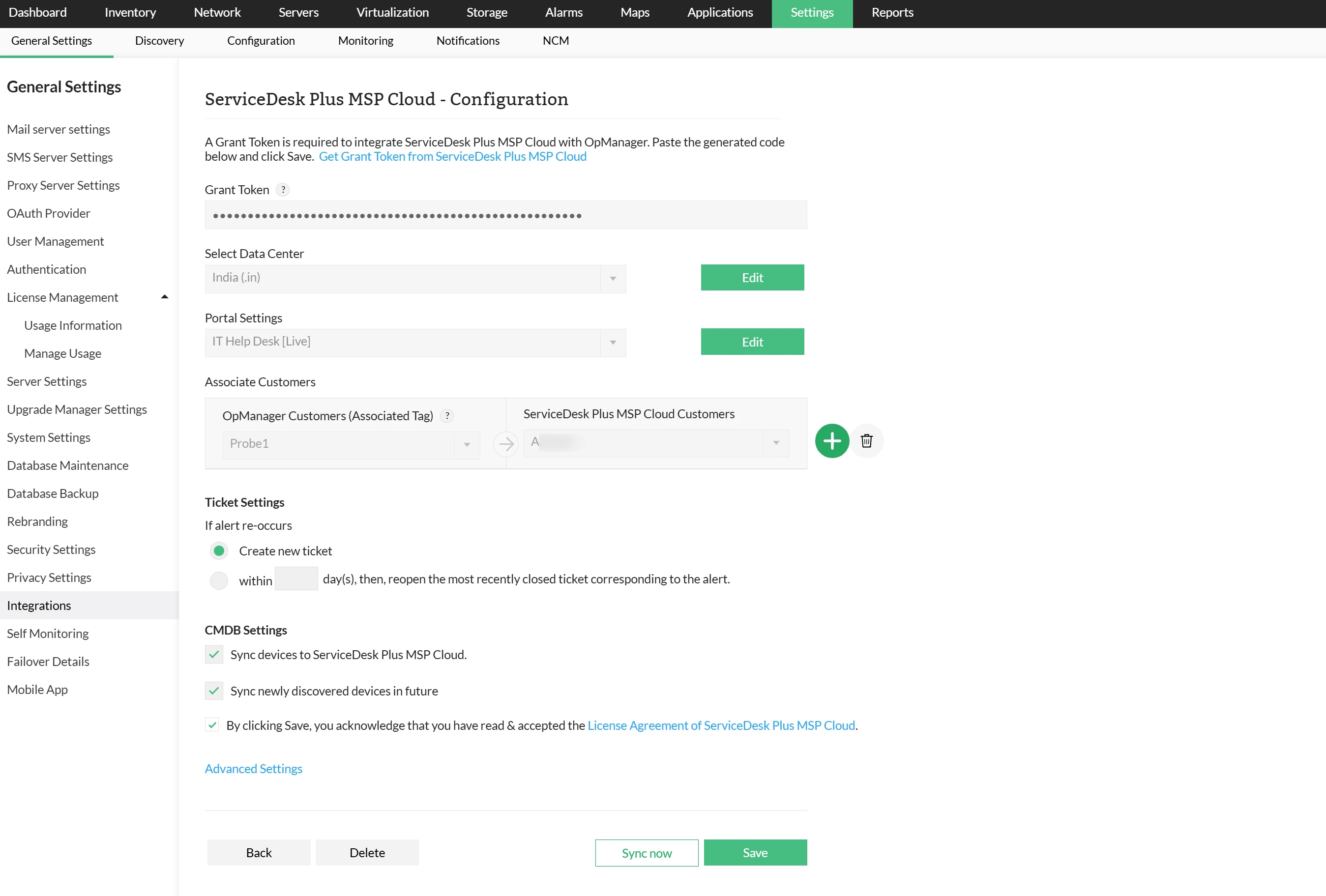 opmanager-sdpmsp-cloud integration