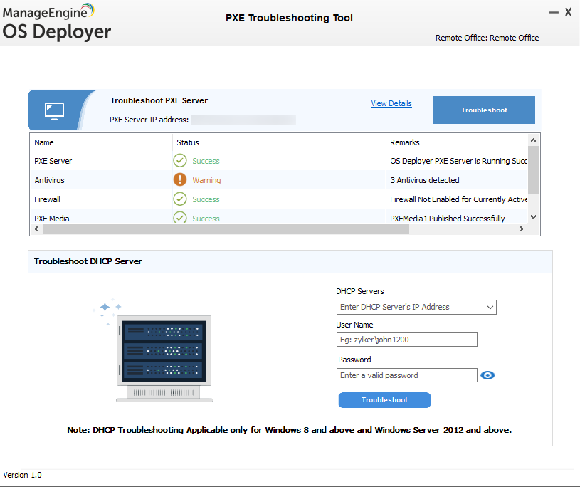 PXE service status summary PXE service status summary