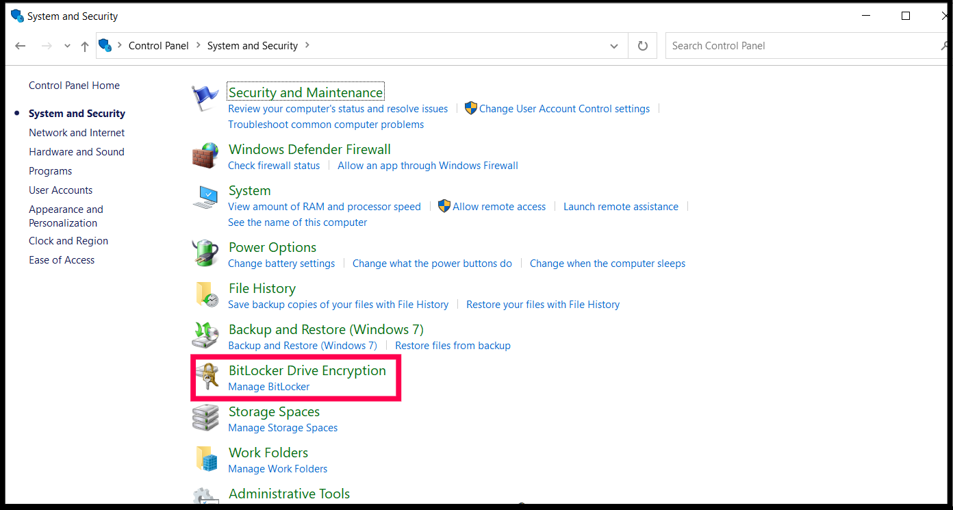 BitLocker Drive Encryption in Control Panel