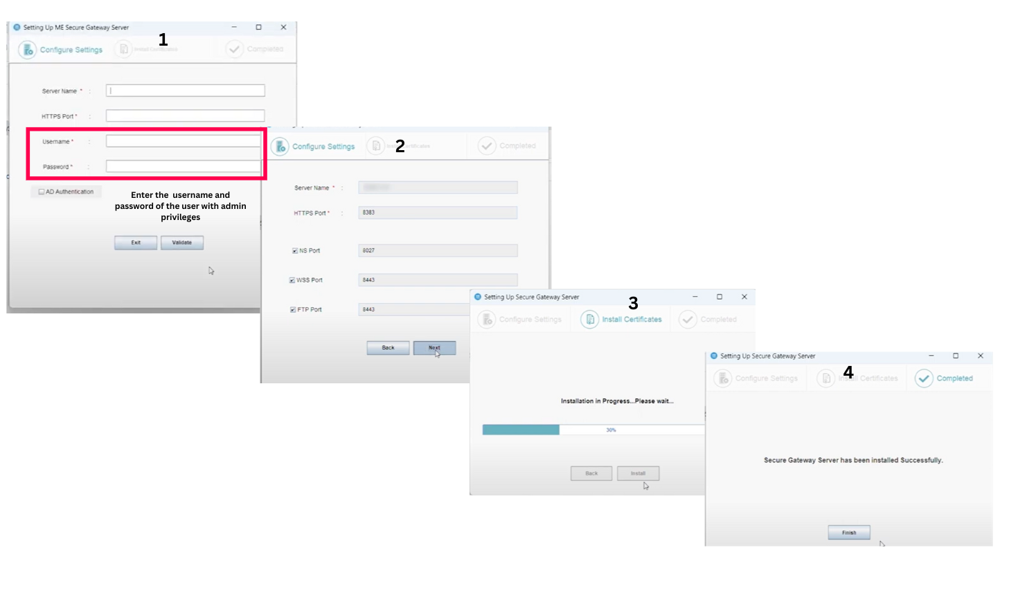 Configuring Secure Gateway Server with user credentials with admin privilege Configuring Secure Gateway Server with user credentials with admin privilege