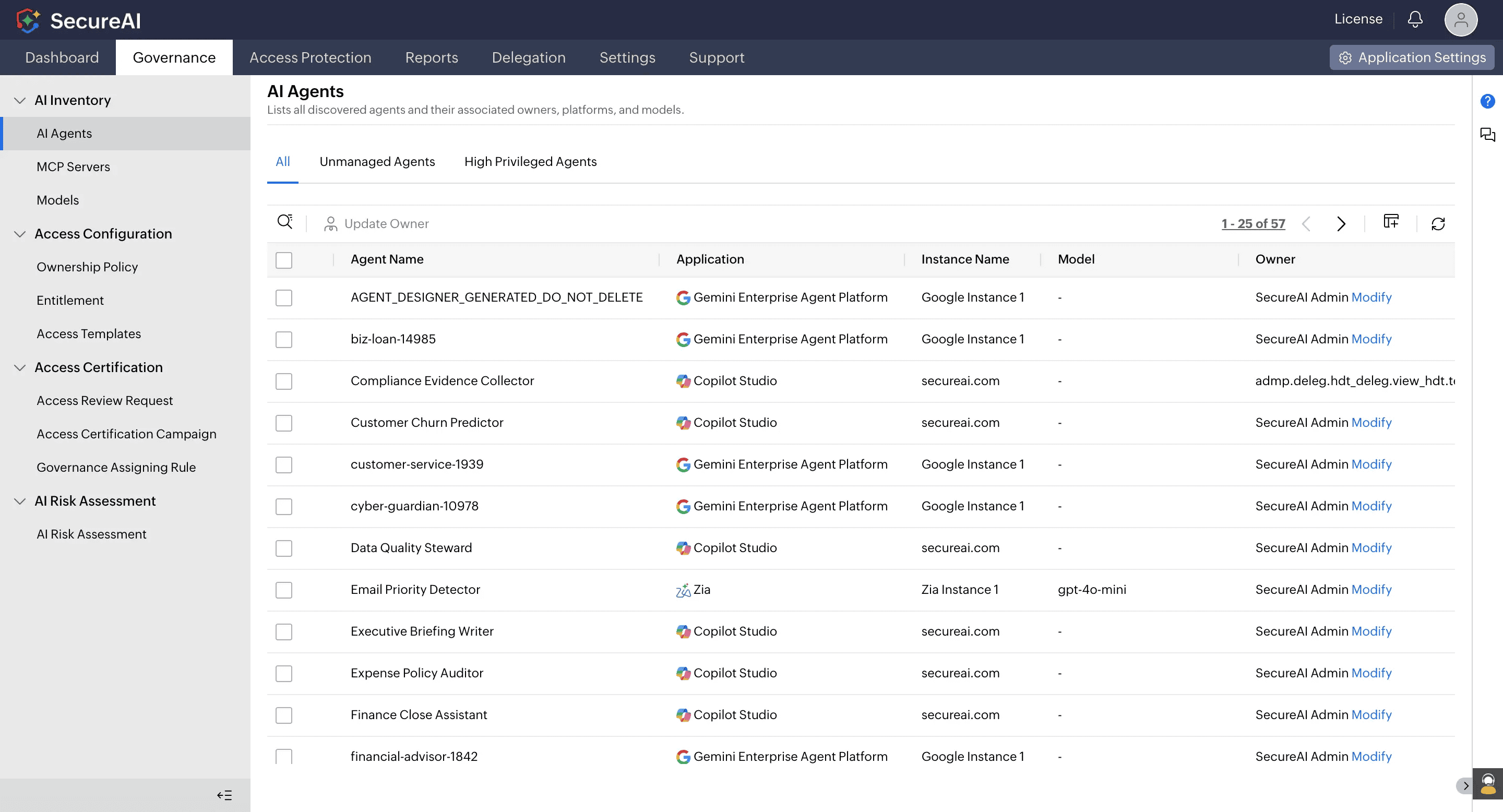 SecureAI AI Agents inventory listing each discovered agent with its platform, instance, model, and assigned owner.