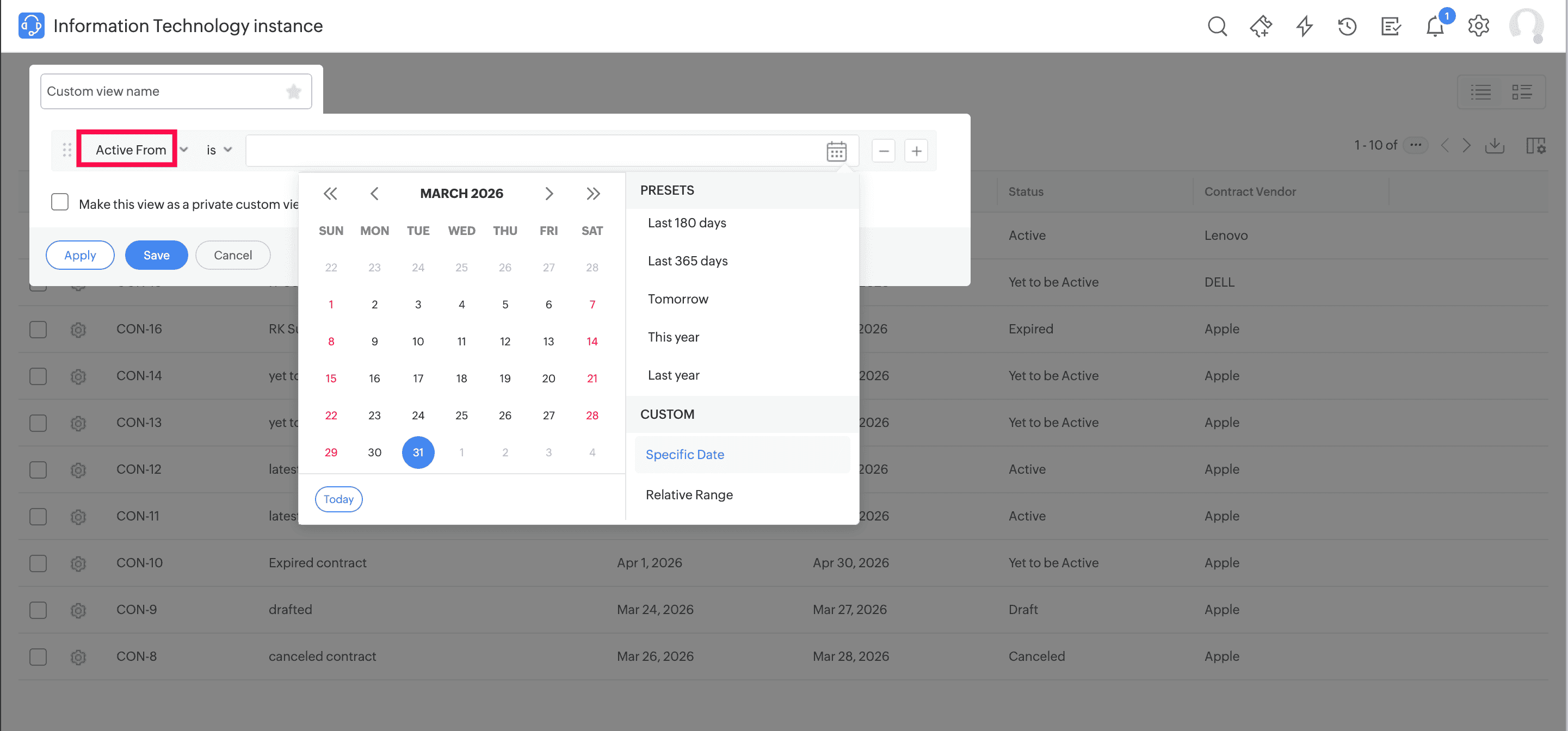 Advanced date filter in the contract list view showing presets and custom date range options