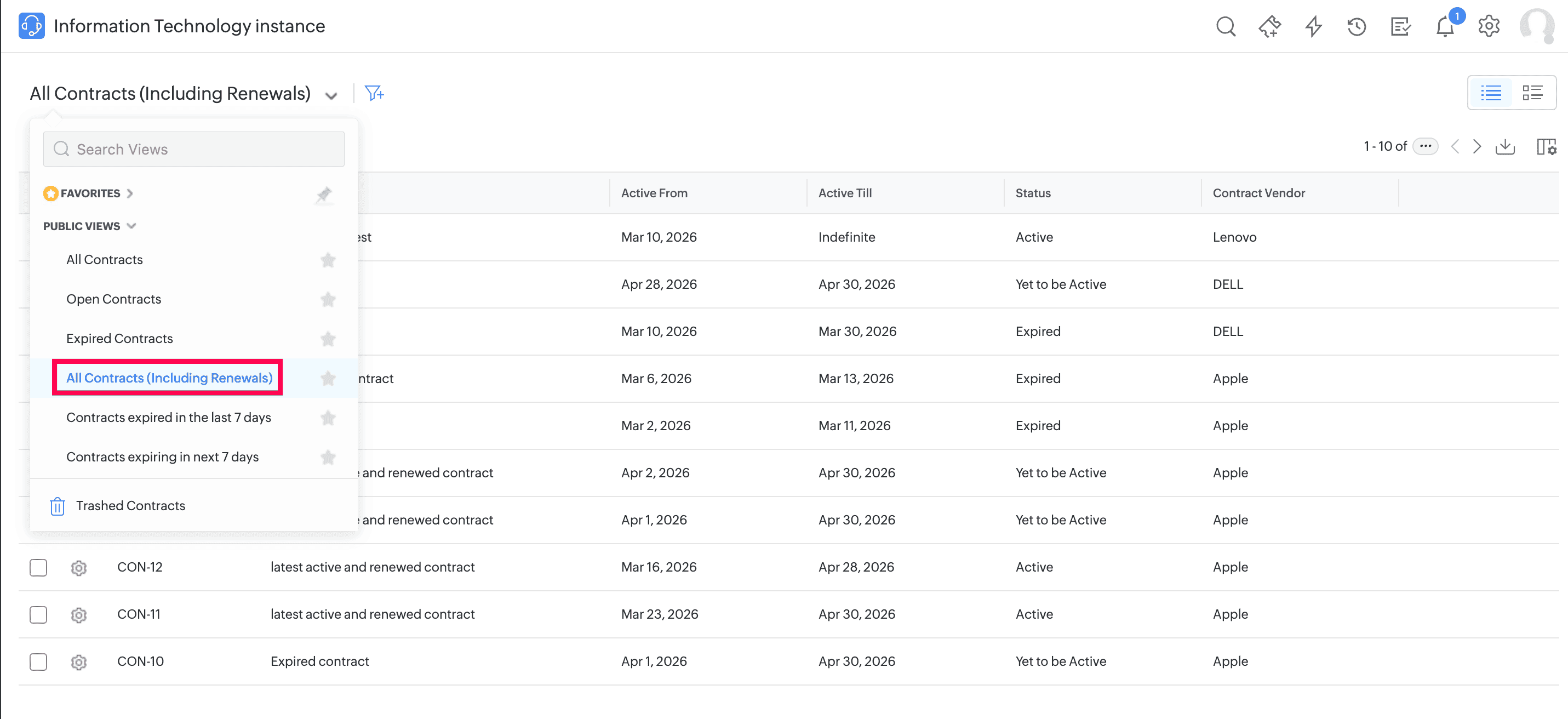 Contract list view with the All Contracts (Including Renewals) view selected