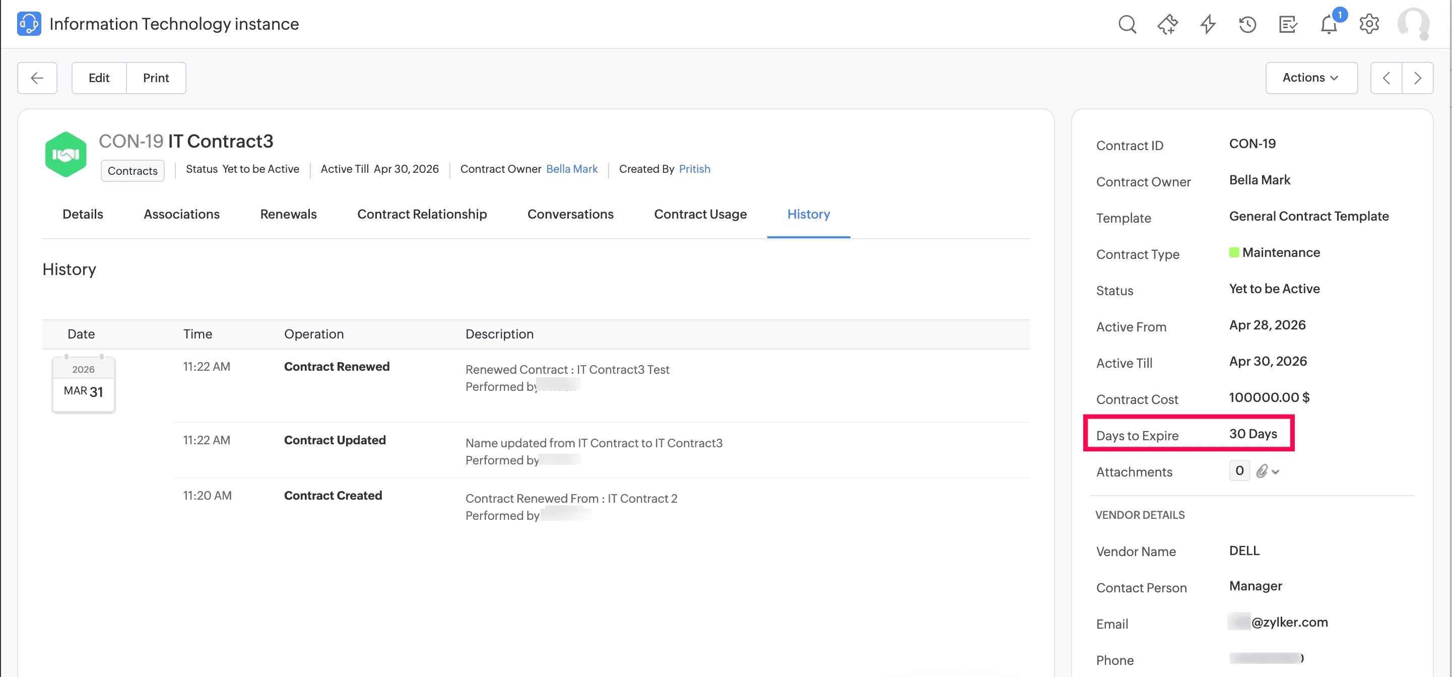 Contract details page showing Days to Expire as 30 Days in the right pane