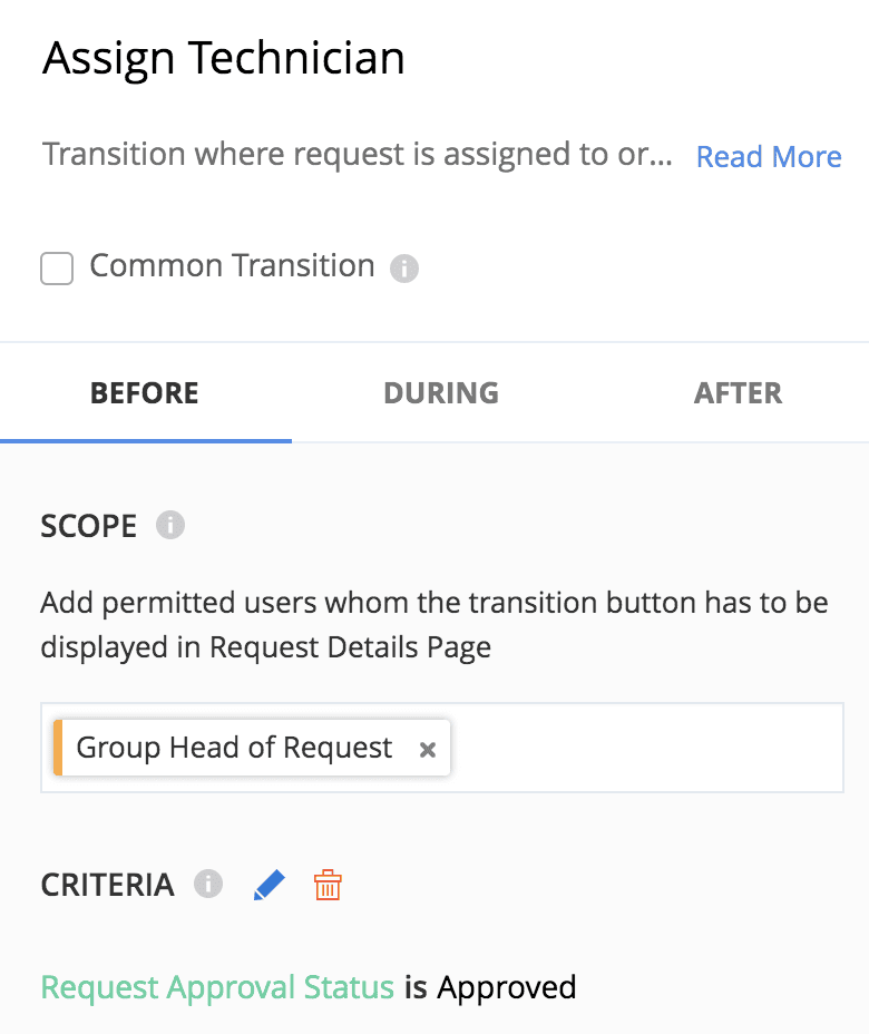 Before transition configuration settings in a life cycle