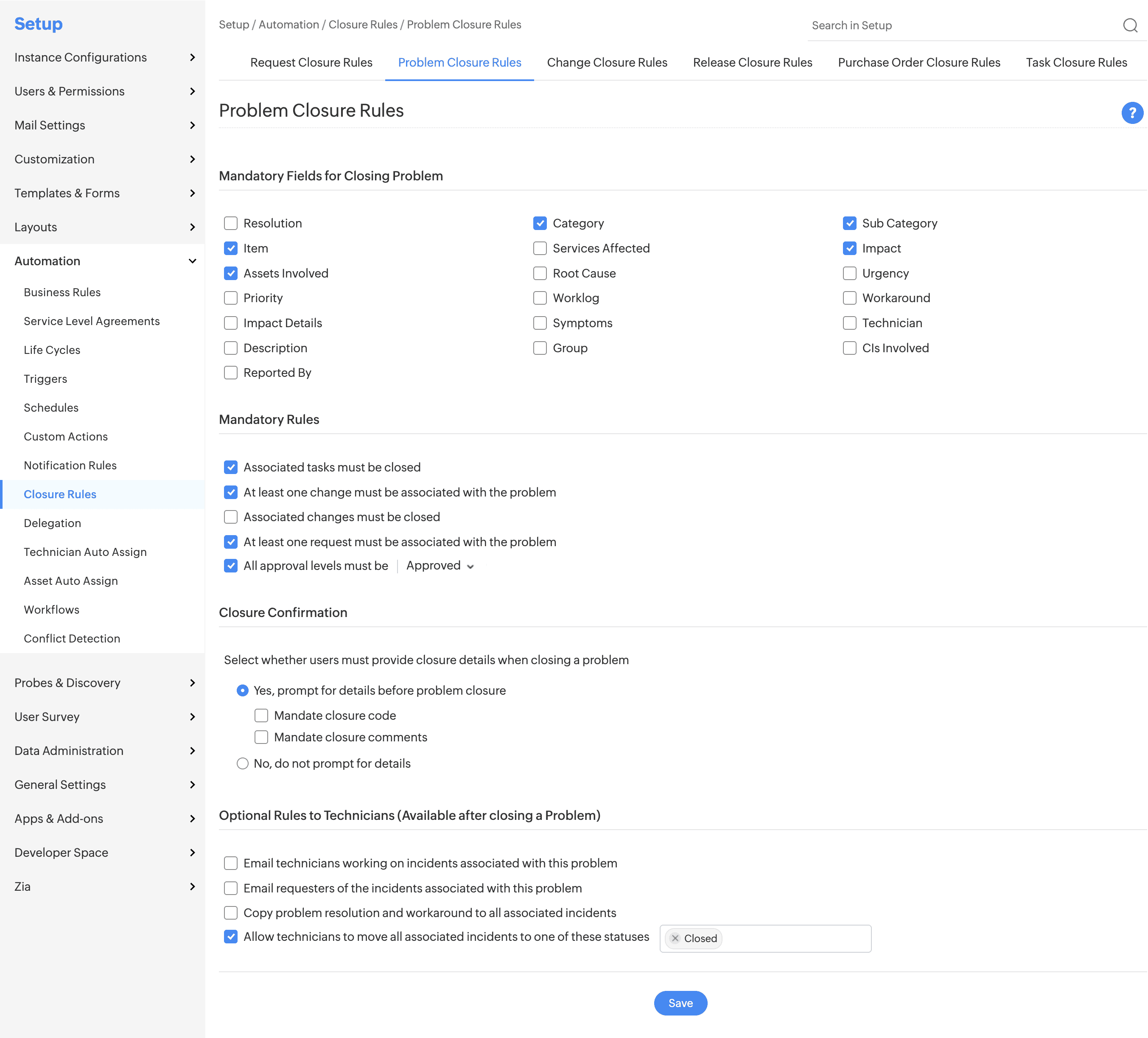 Problem Closure Rules setup page showing mandatory fields, mandatory rules, closure confirmation, and optional rules