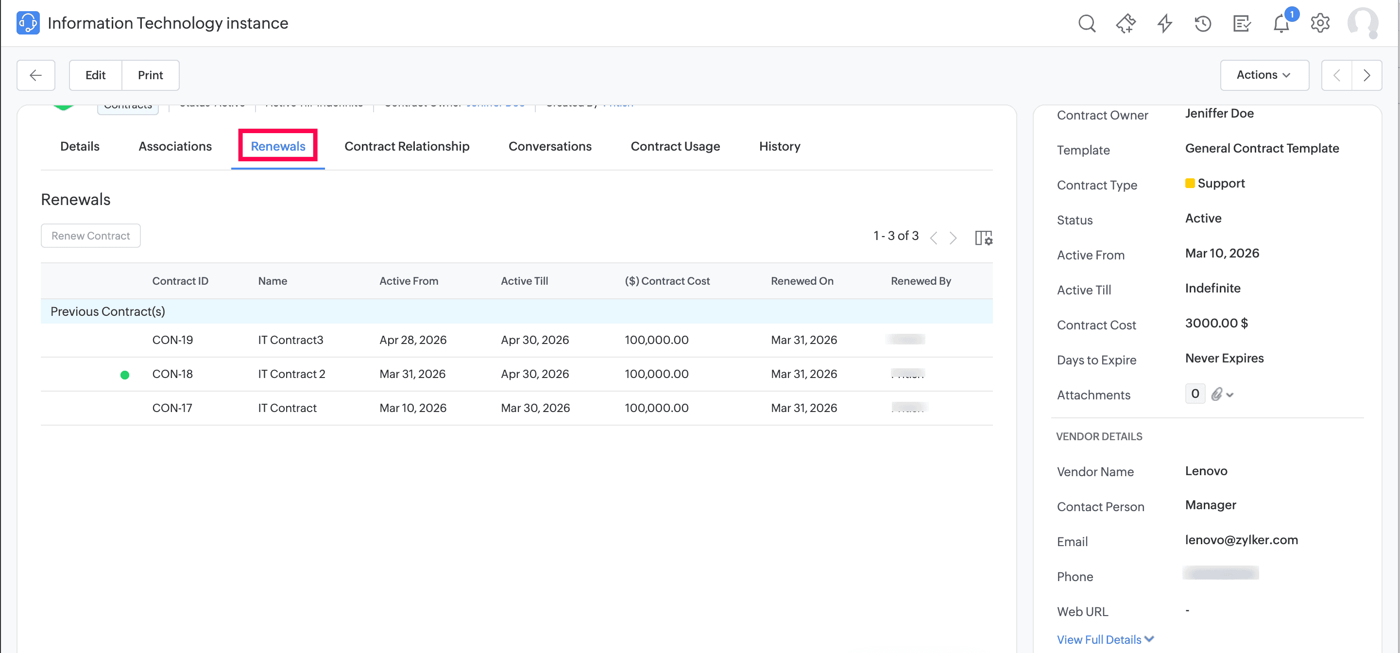 Renewals tab in the contract details page showing previous contract versions