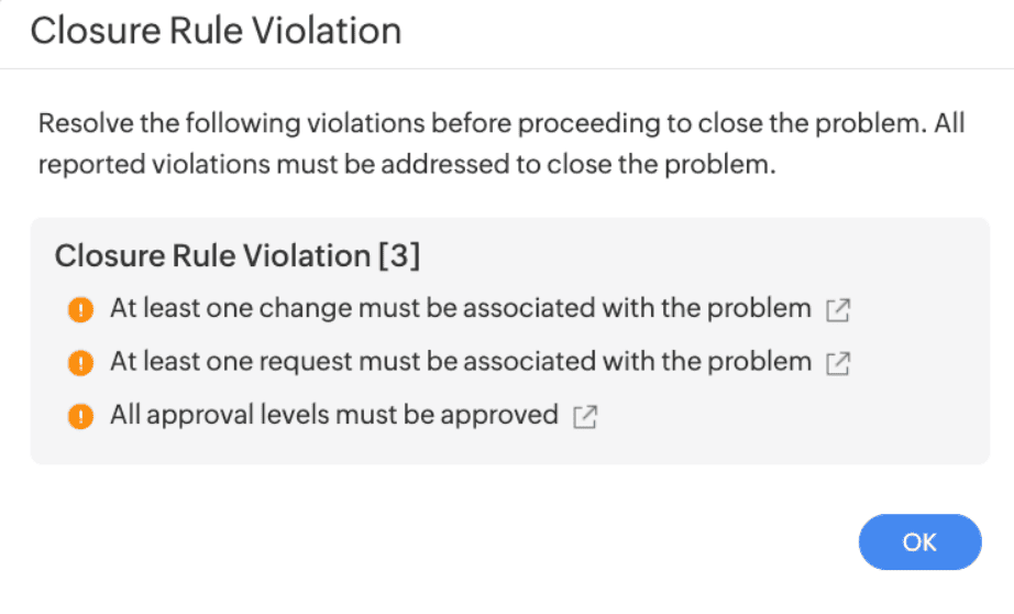 Closure Rule Violation pop-up listing three violations with links to the corresponding tabs