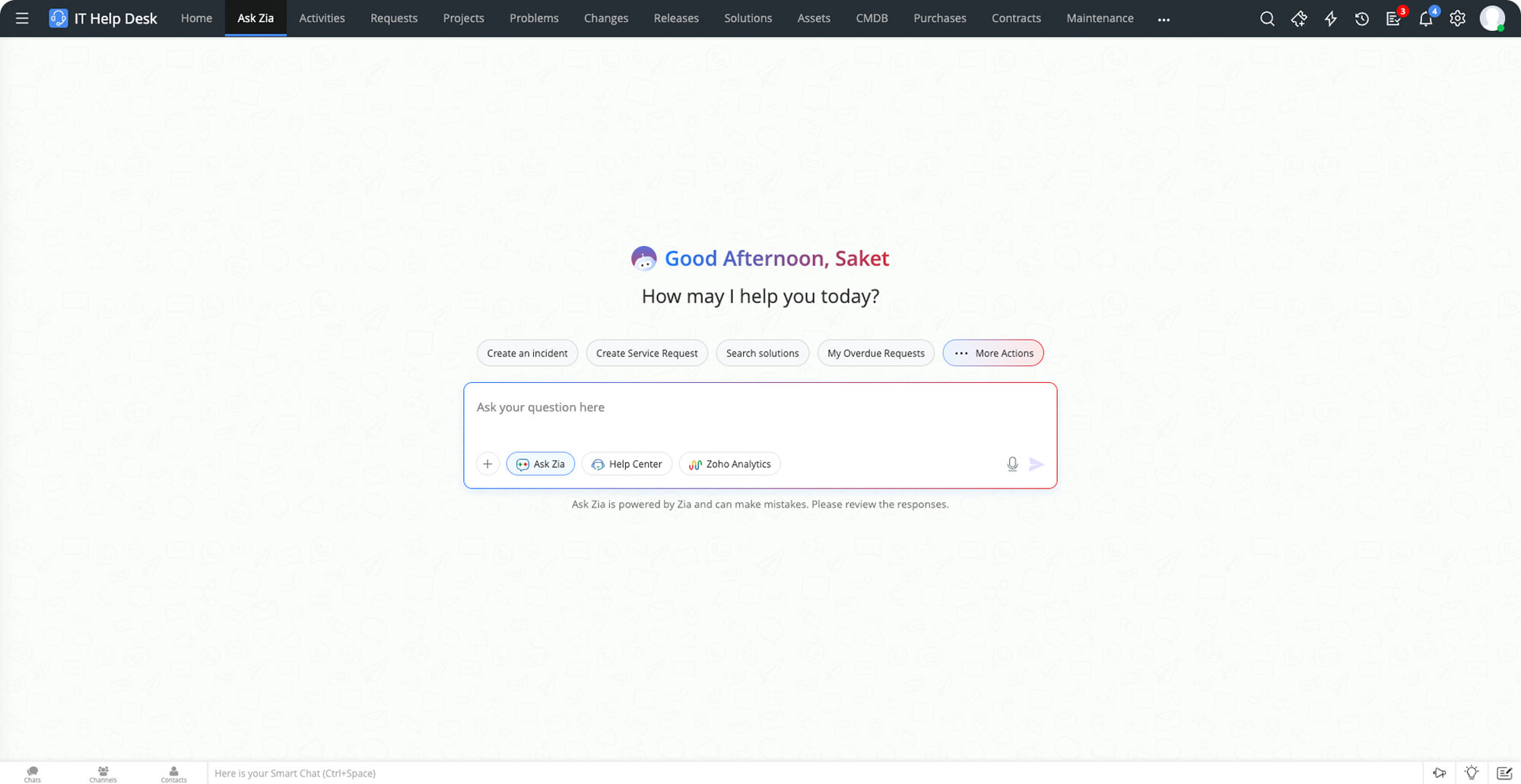 Ask Zia virtual conversational agent