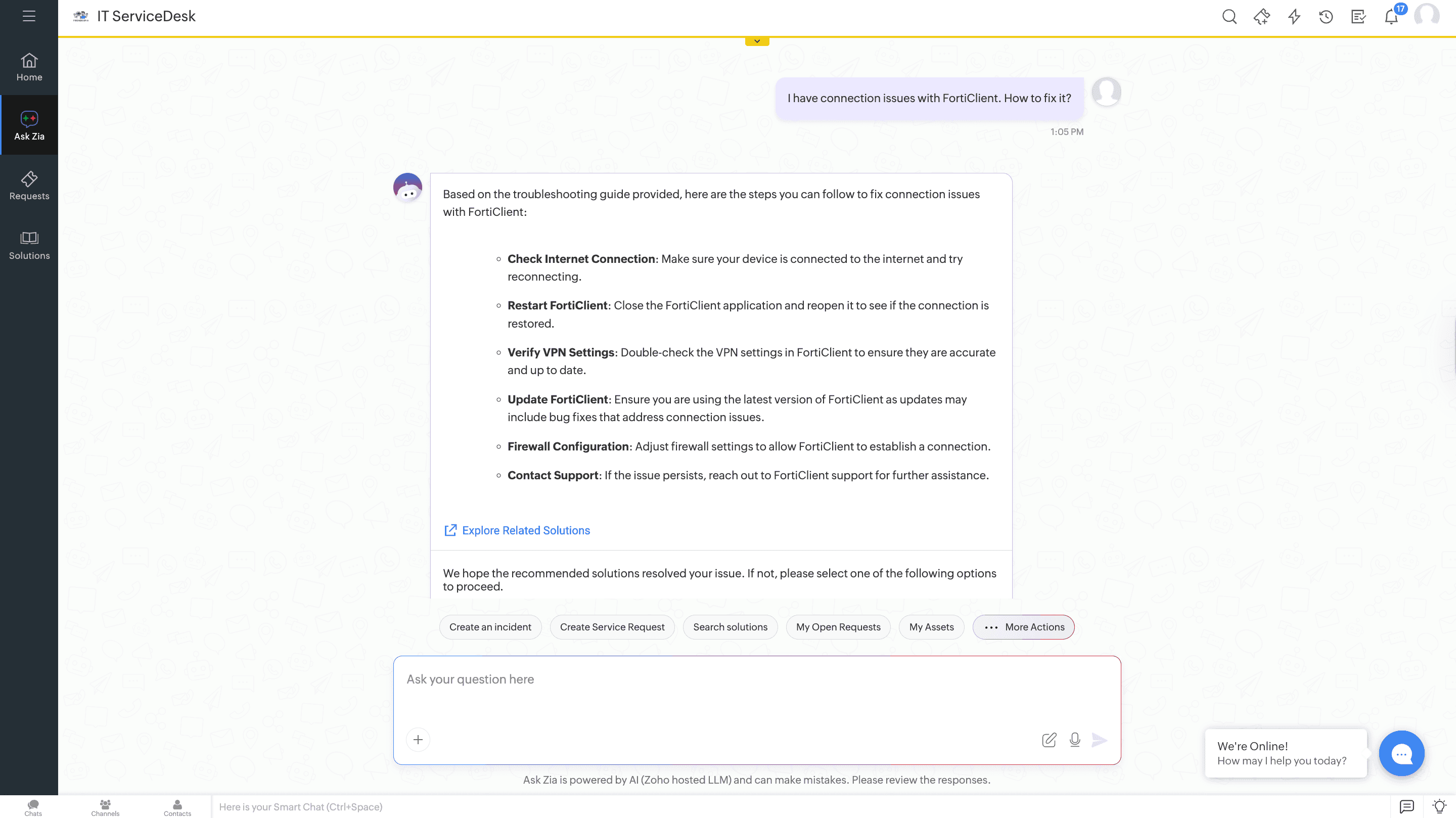 Ask Zia virtual agent handling an IT support question about a FortiClient connection issue and providing a step-by-step resolution