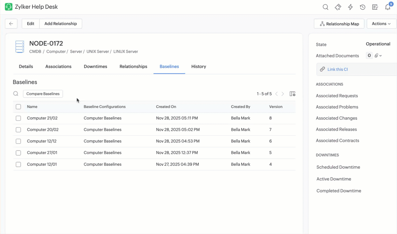 CI details page Baselines tab listing version history for a configuration item