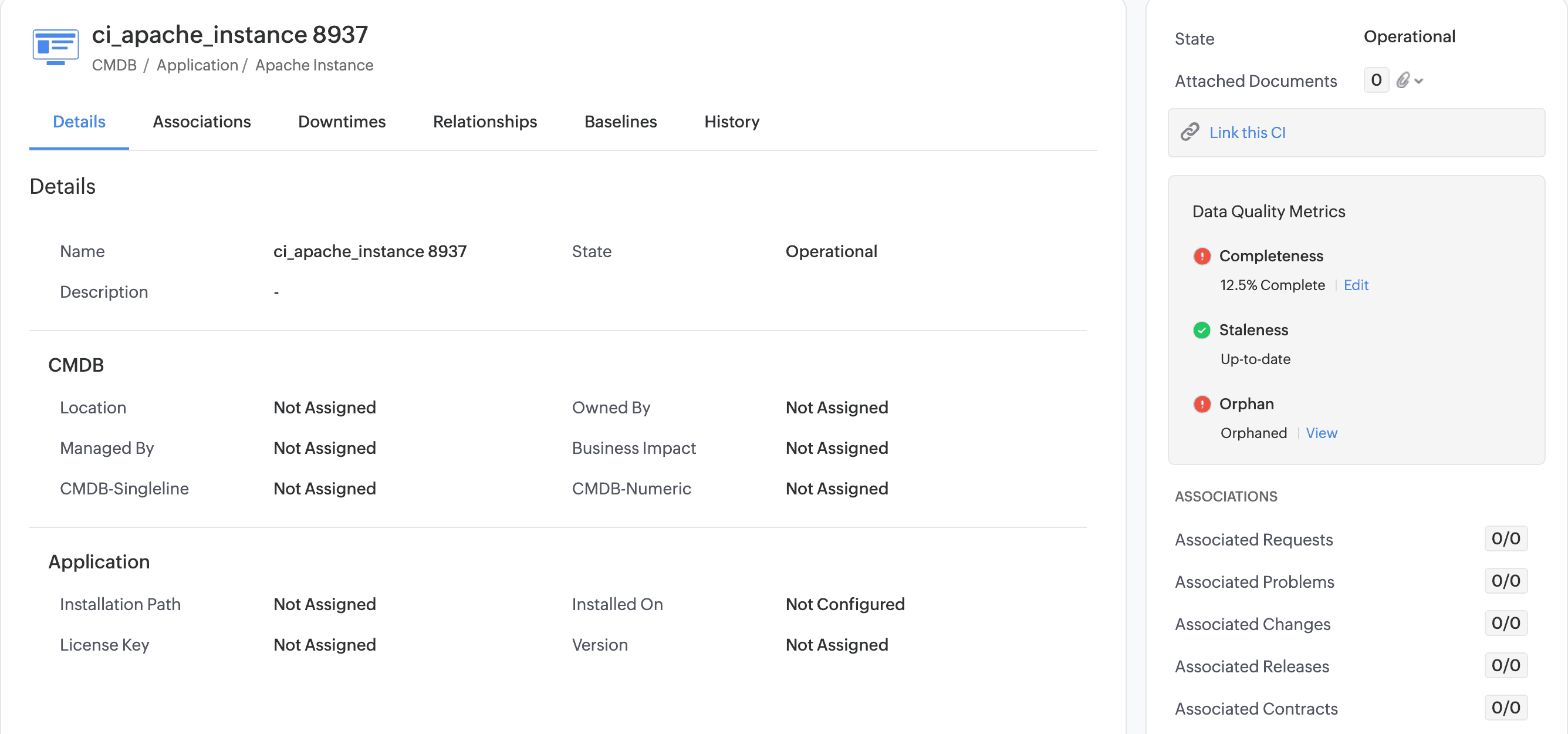 CI details page showing a Data Quality Metrics scorecard with completeness and orphan status