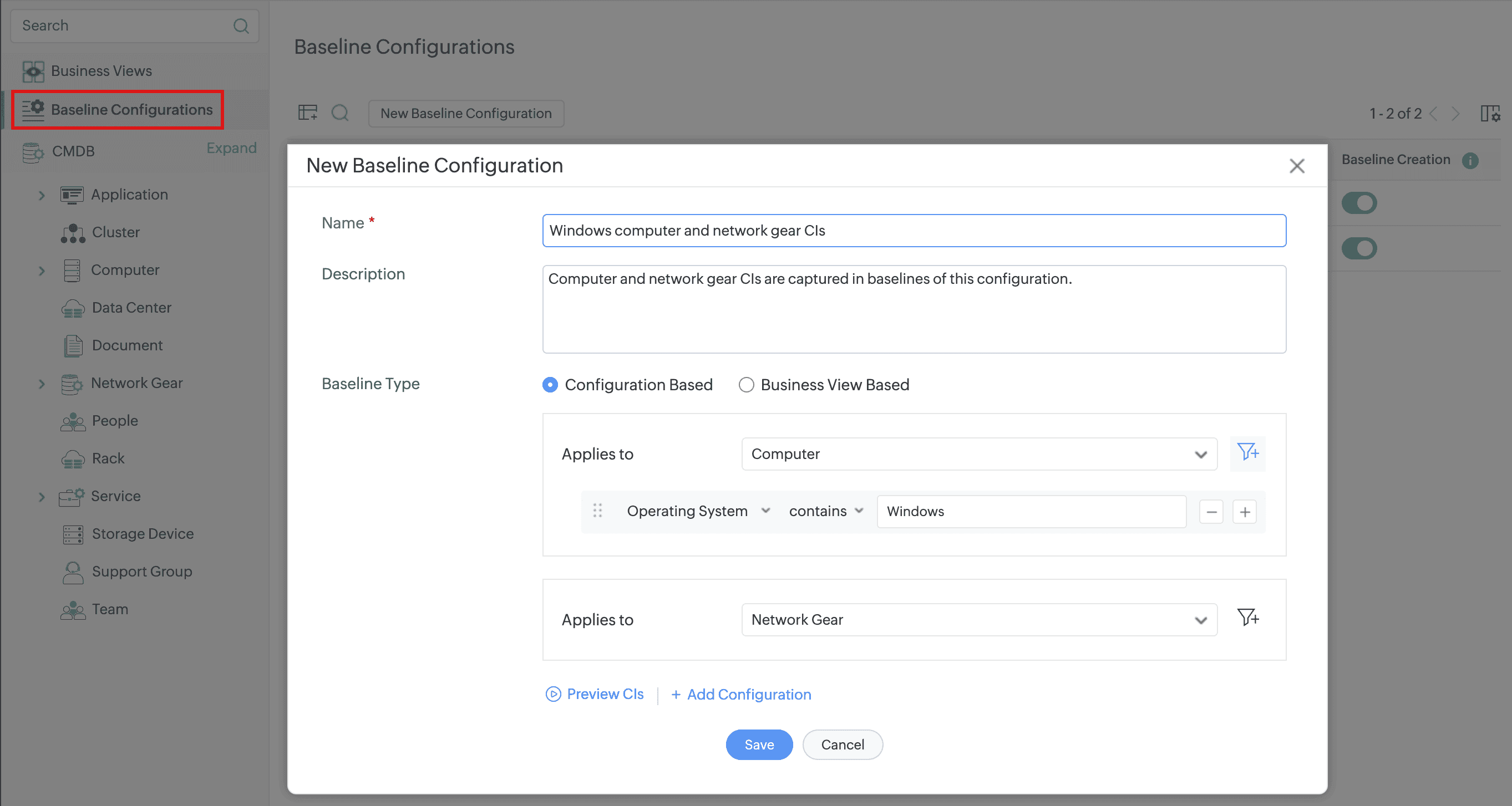 New Baseline Configuration dialog with Configuration Based and Business View Based options