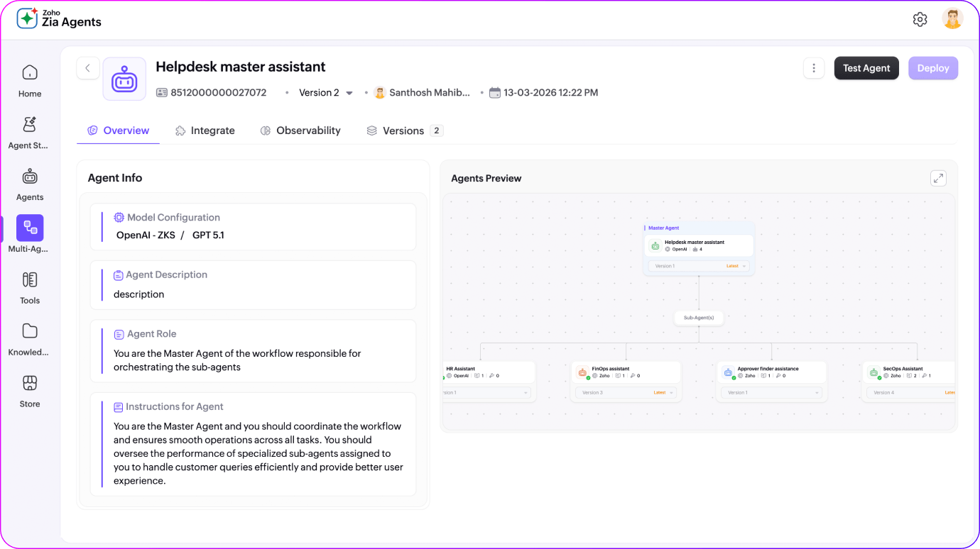 Multi-agent orchestrator Multi-agent orchestrator in ServiceDesk Plus coordinating Zia agents for complex ITSM workflows
