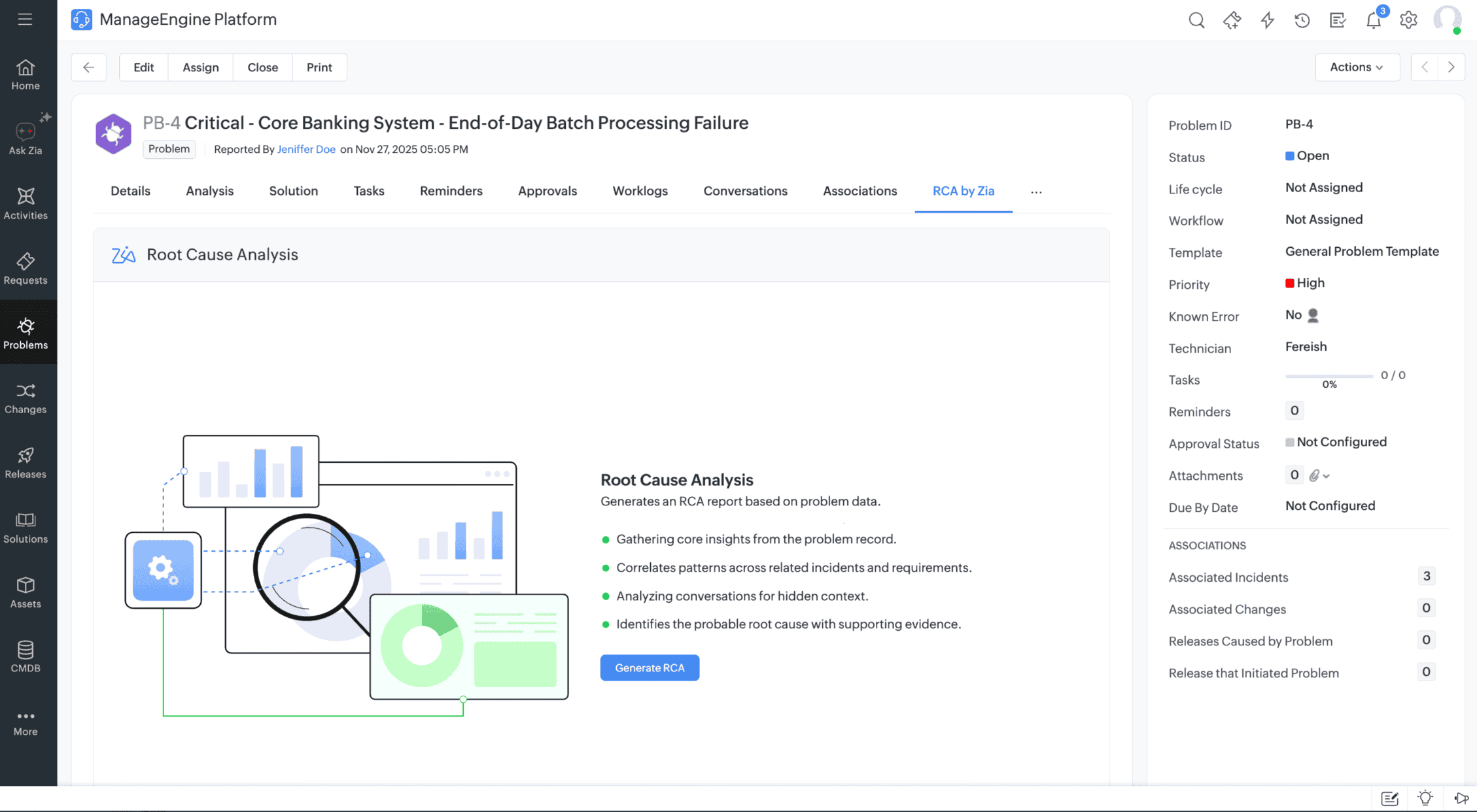 Zia AI root cause analysis screen on a critical problem ticket, showing AI-generated analysis of patterns across related incidents