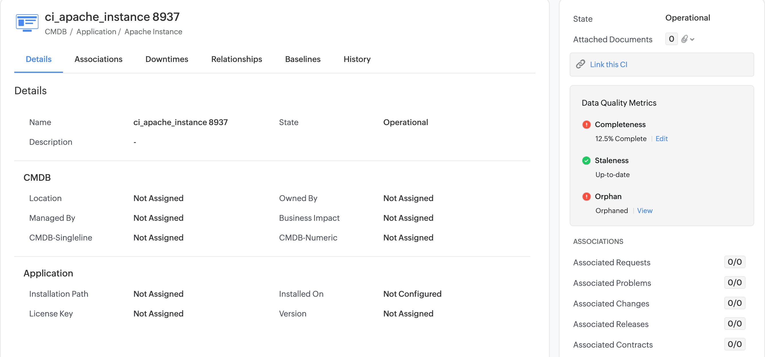Viewing a CI's data quality score and field-level health in ServiceDesk Plus CI data quality scorecard in ServiceDesk Plus showing health score and field gaps